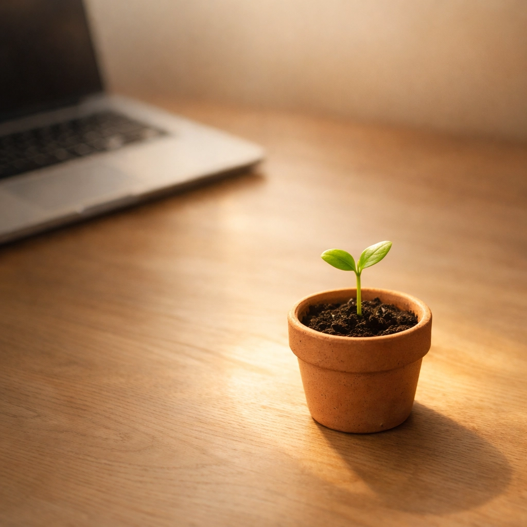 A green sprout on a desk with a blurred laptop, symbolizing emotional intelligence in relationships and self-growth.