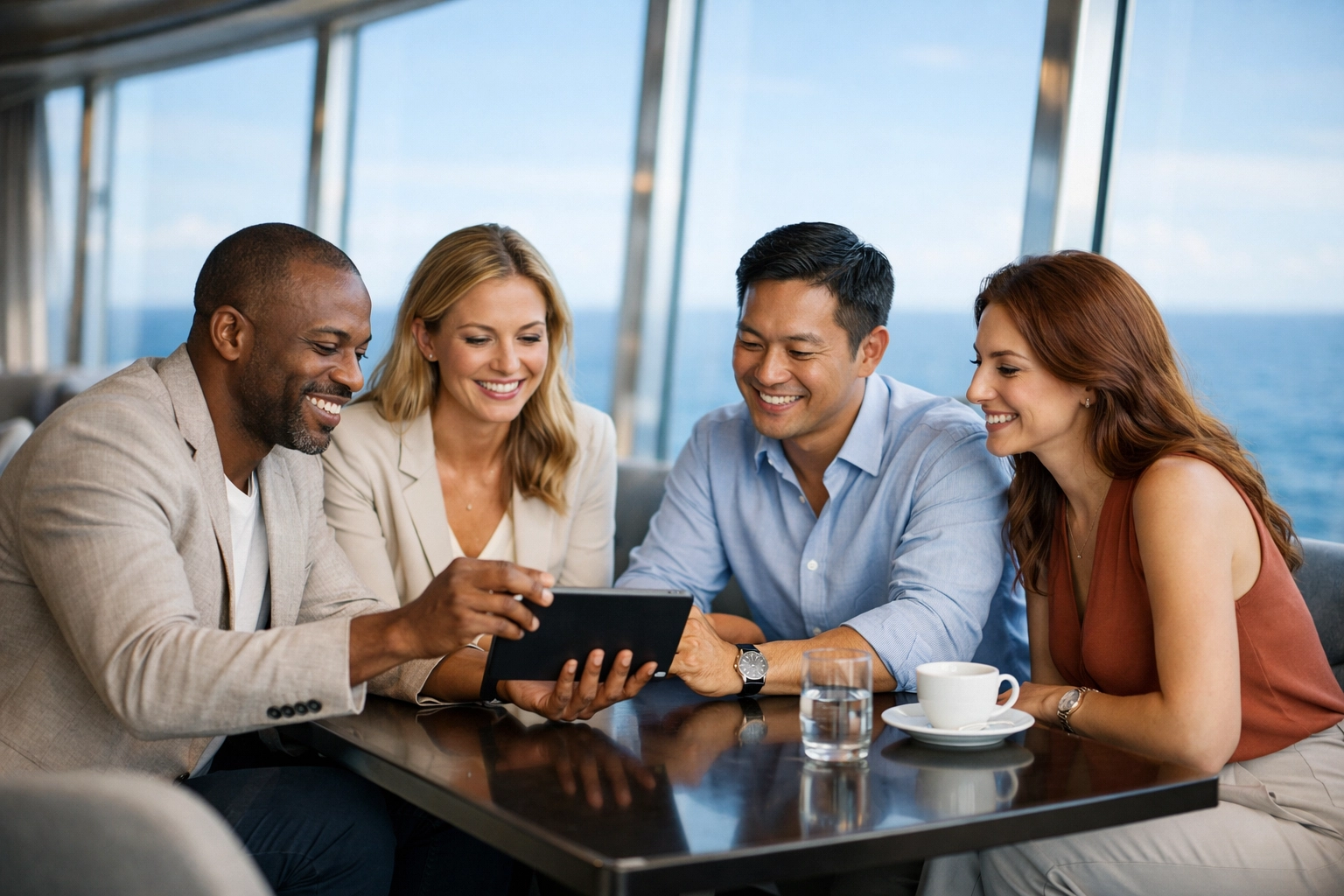 Professionals conducting a team meeting in a luxury cruise ship lounge during a corporate event.