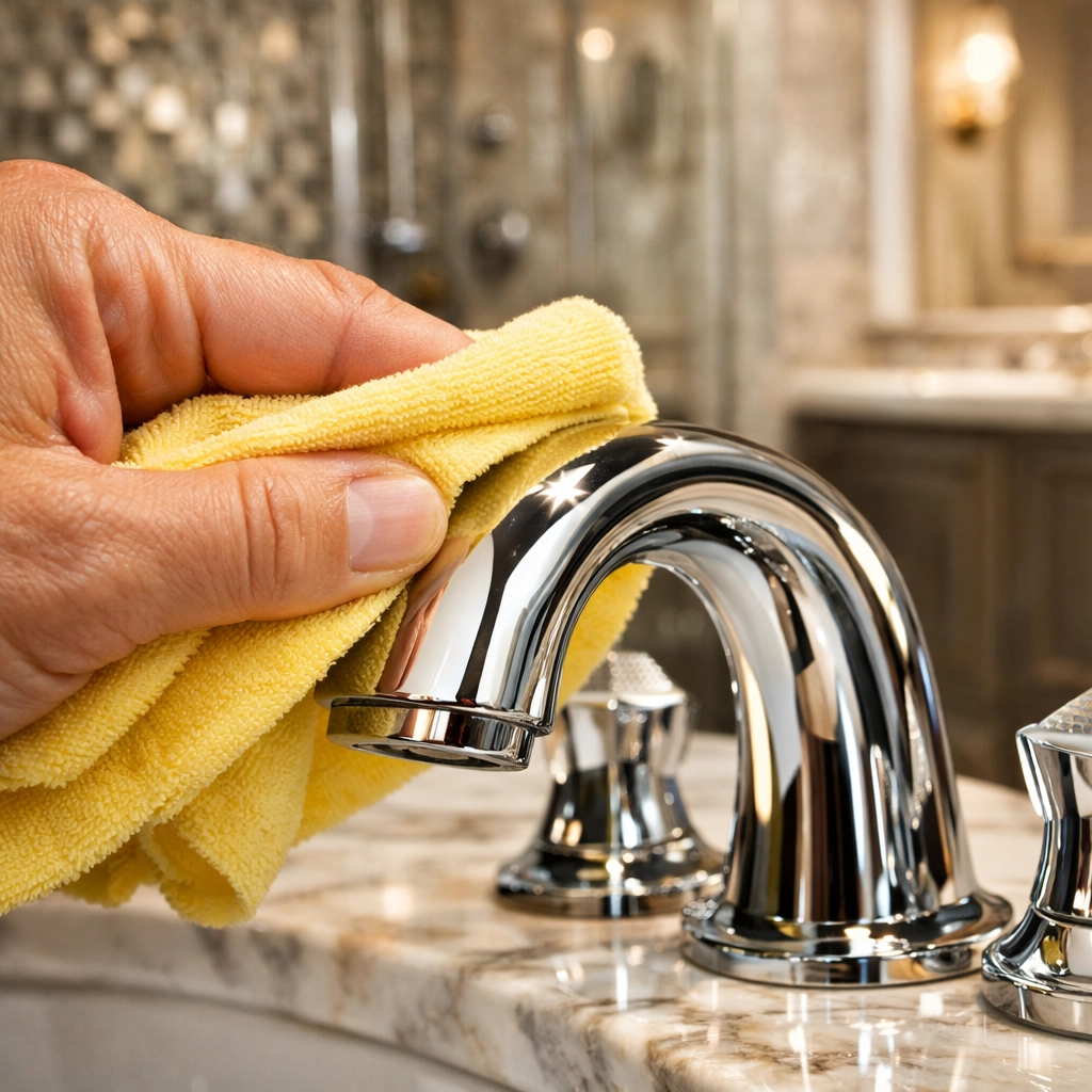 Expert polishing of a luxury bathroom fixture by professional cleaners Weston MA to maintain home value.