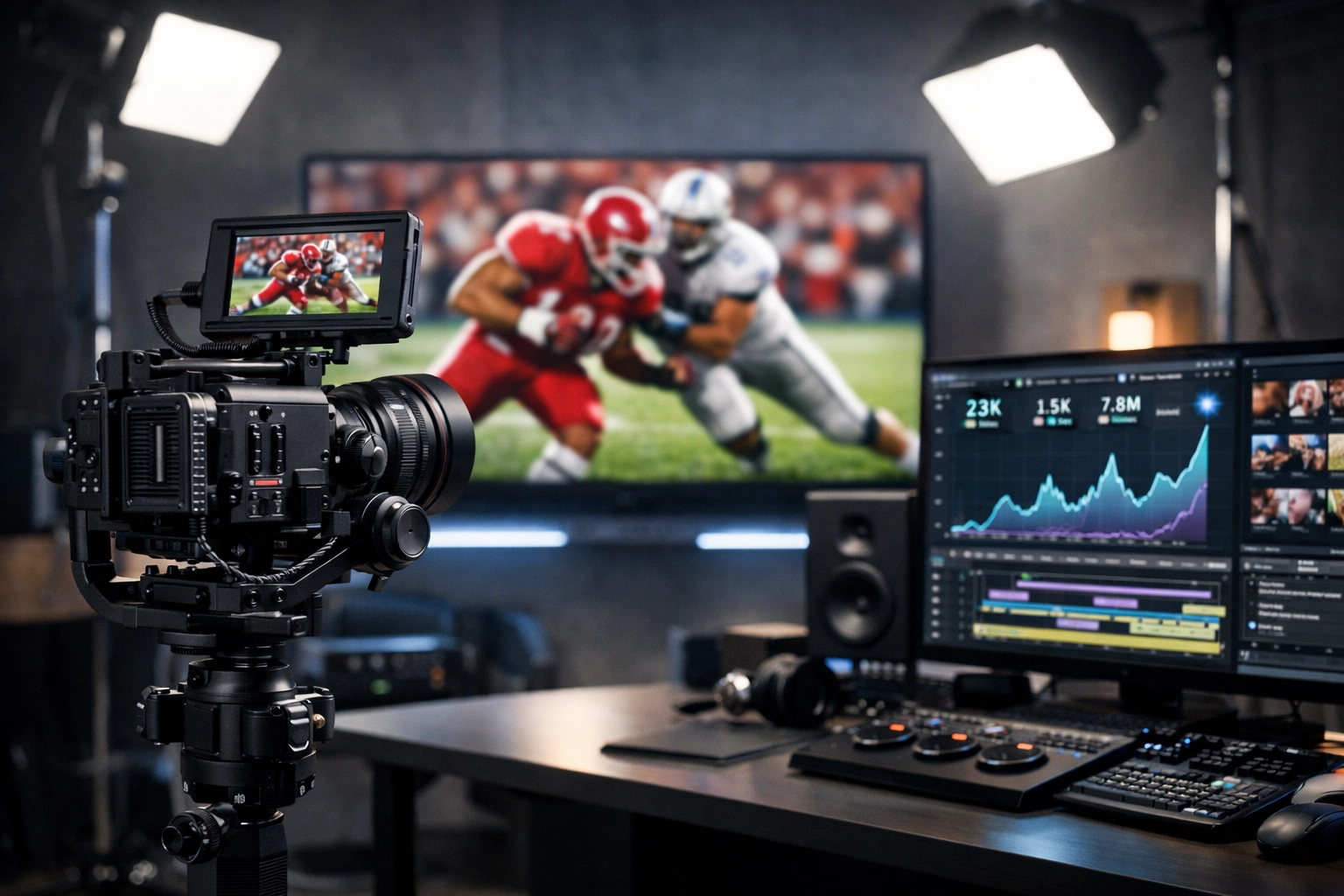 The Ultimate Guide to Super Bowl Branding Blitz Tactics: Everything You Need to Succeed in High-Stakes Marketing Professional video production suite showing high-stakes football content and digital marketing analytics.