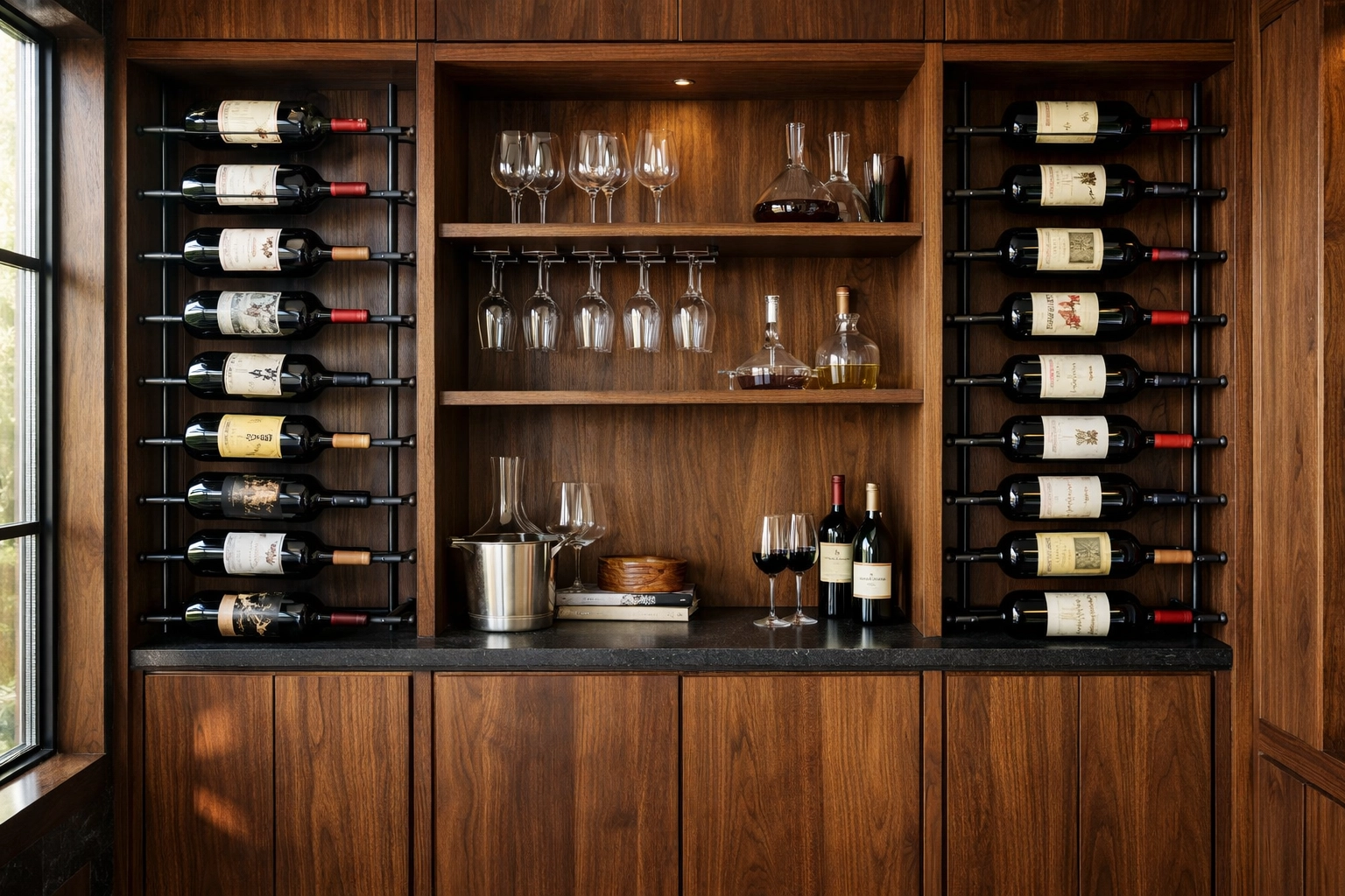 Custom wine storage wall featuring walnut wood cabinetry and modern black metal racking systems.