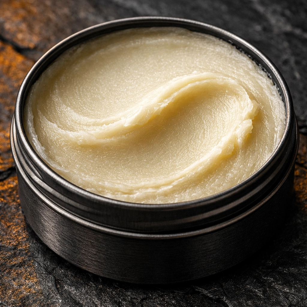 Creamy, matte-textured beard butter in a tin, showing the smooth consistency for deep conditioning.