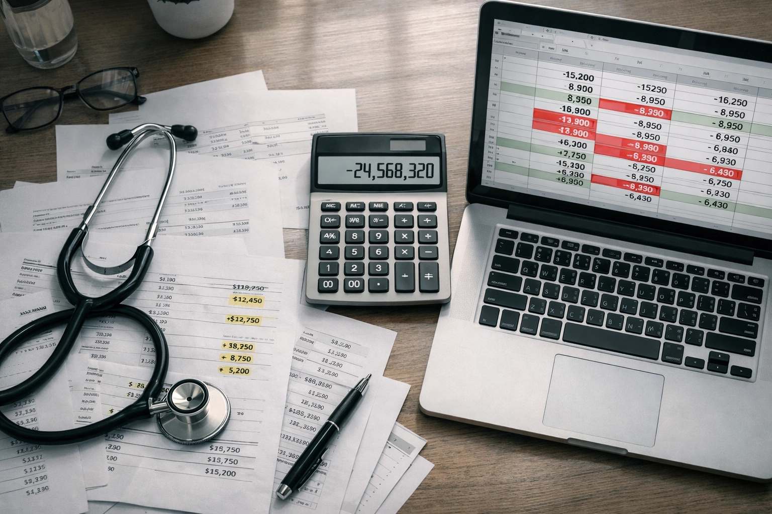 The "Invisible" Leaks Draining Your Practice's Efficiency Medical practice desk showing financial documents and spreadsheet revealing revenue losses and billing inefficiencies