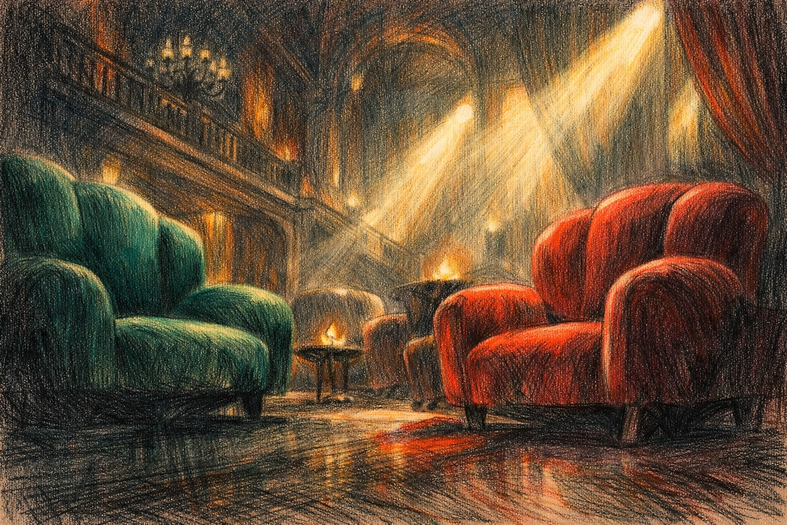 Dramatic hotel lobby design with velvet armchairs and moody lighting, creating a social hub.