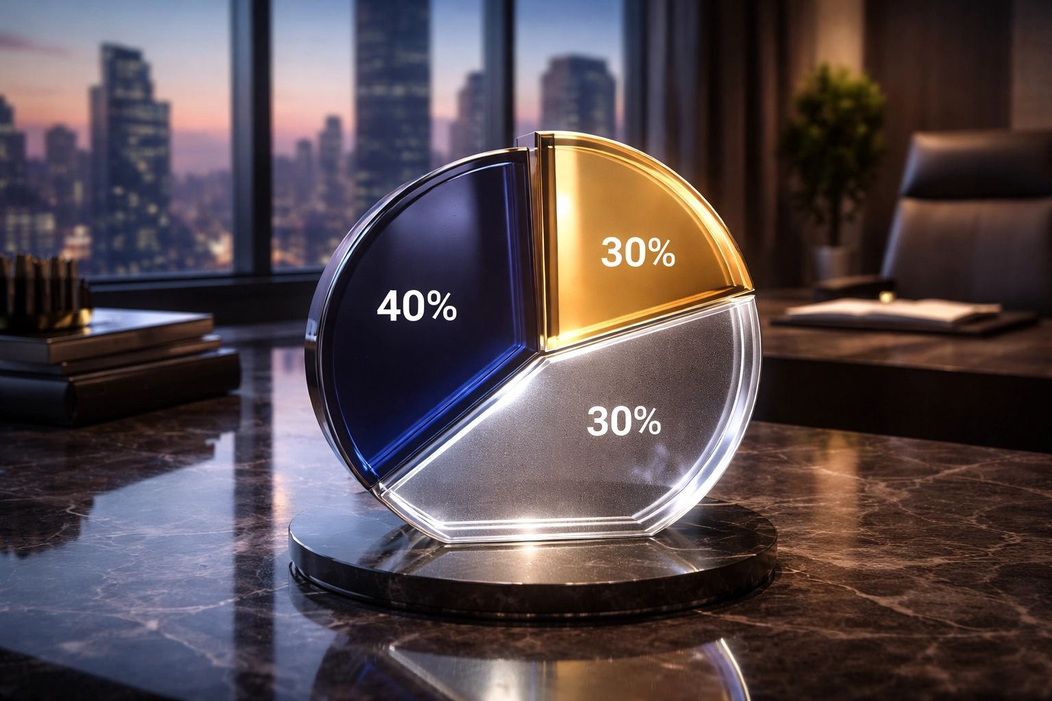 A modern glass pie chart showing a 40/30/30 asset allocation breakdown, representing strategic portfolio diversification for accredited investors.