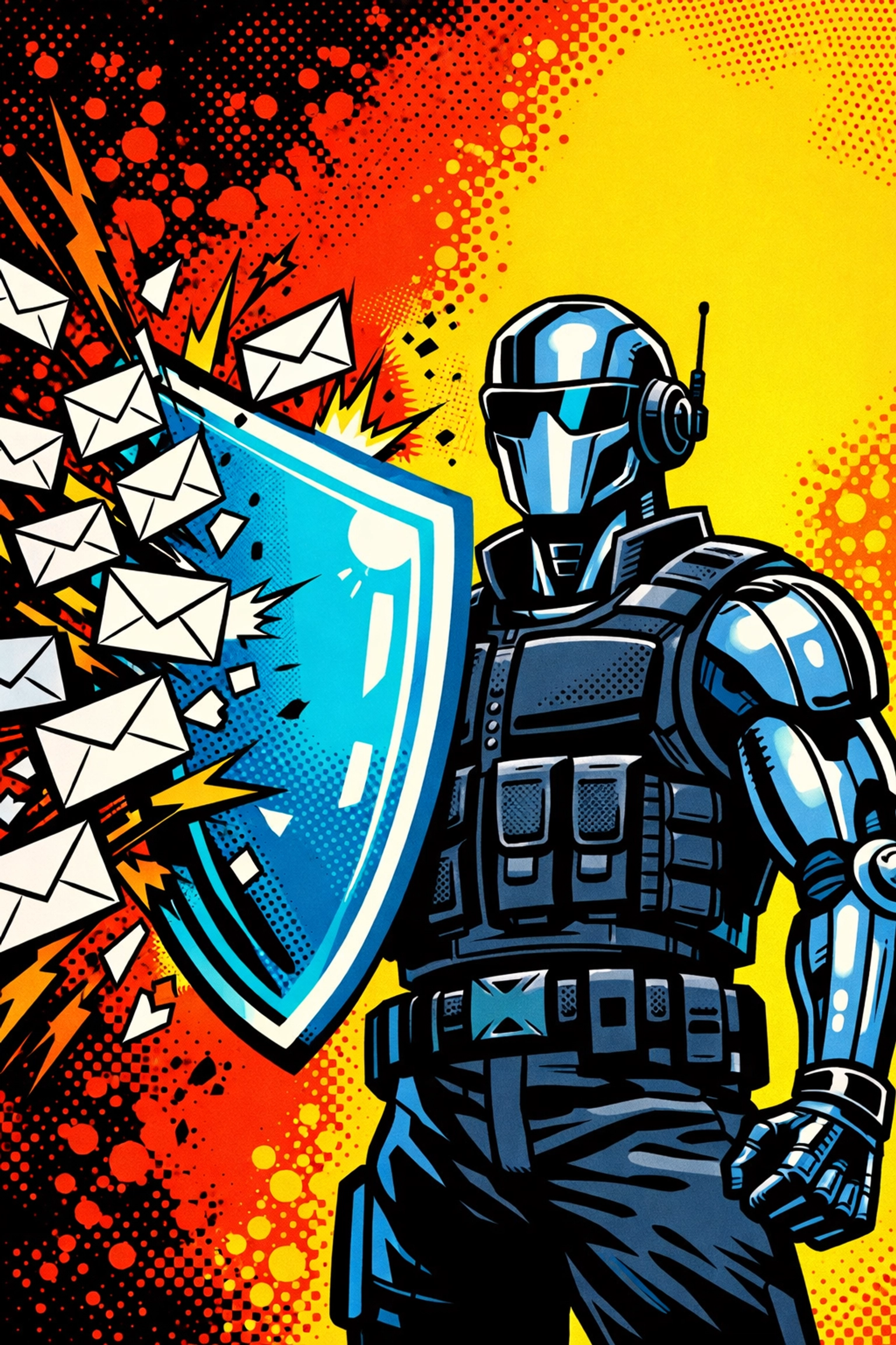 Pop art illustration of an AI virtual assistant blocking junk emails to improve admin efficiency.