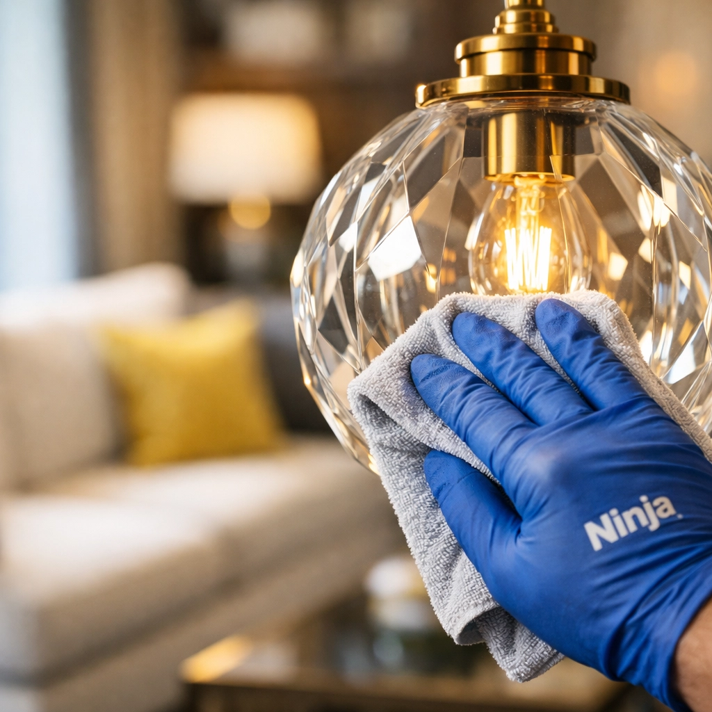 Professional house cleaning team polishing a light fixture with attention to detail in Carlisle.