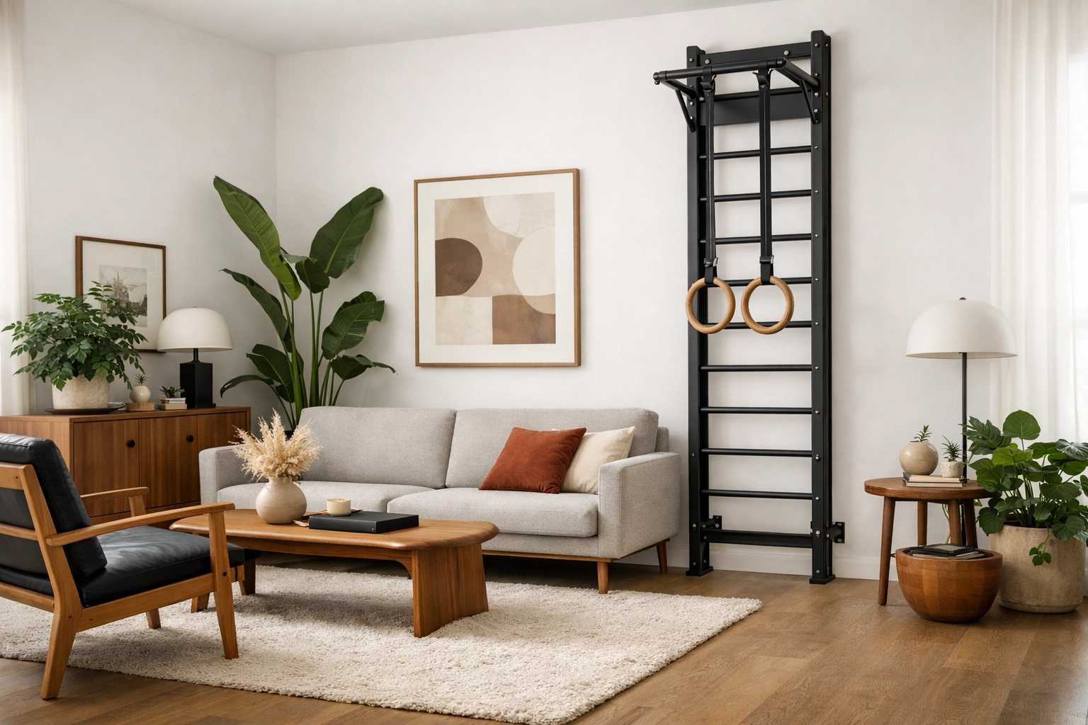 Minimalist home gym equipment with gymnastic rings on a sleek pull up bar alternative system.