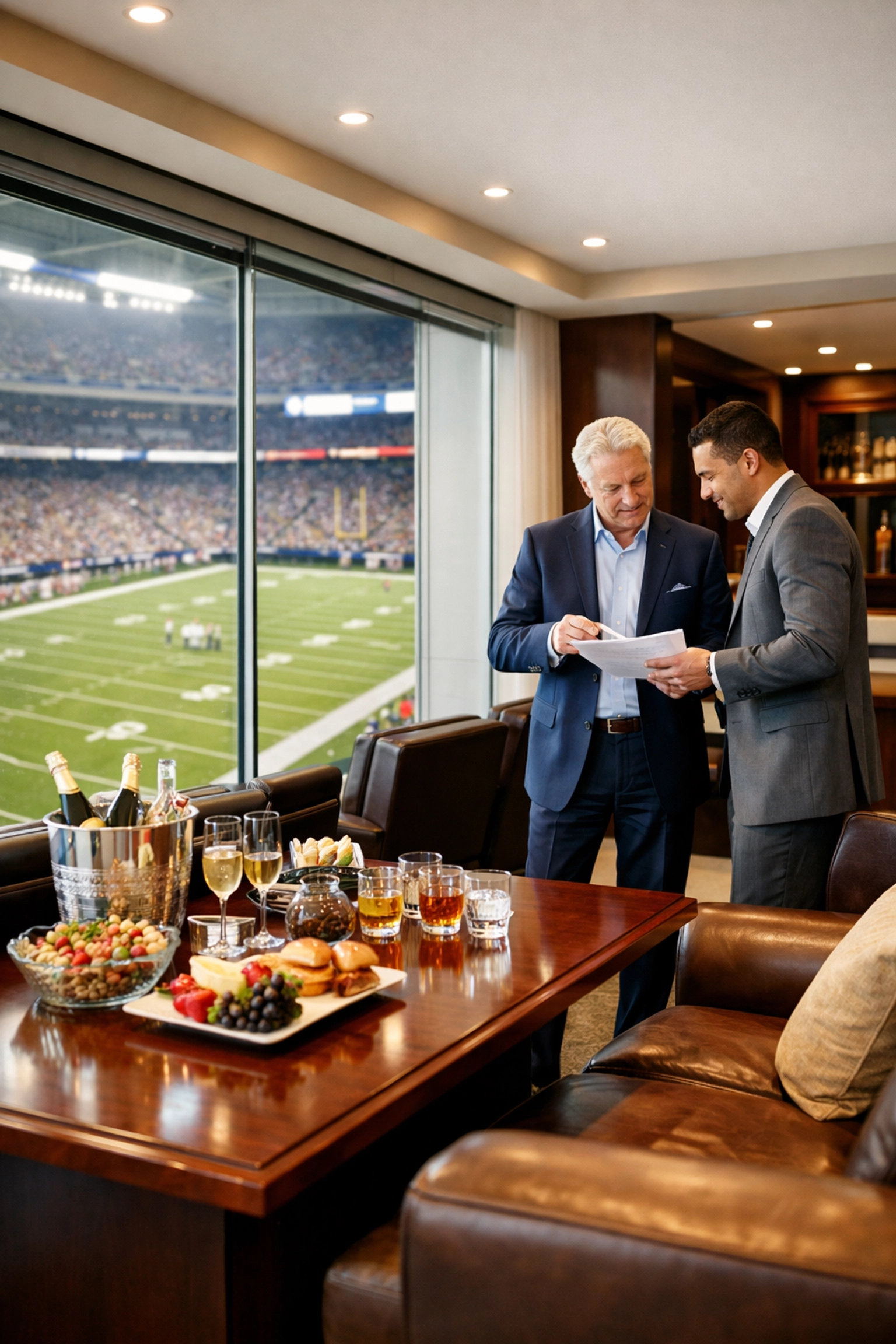 Executives networking in a luxury private stadium suite for Super Bowl corporate hospitality and business deals.