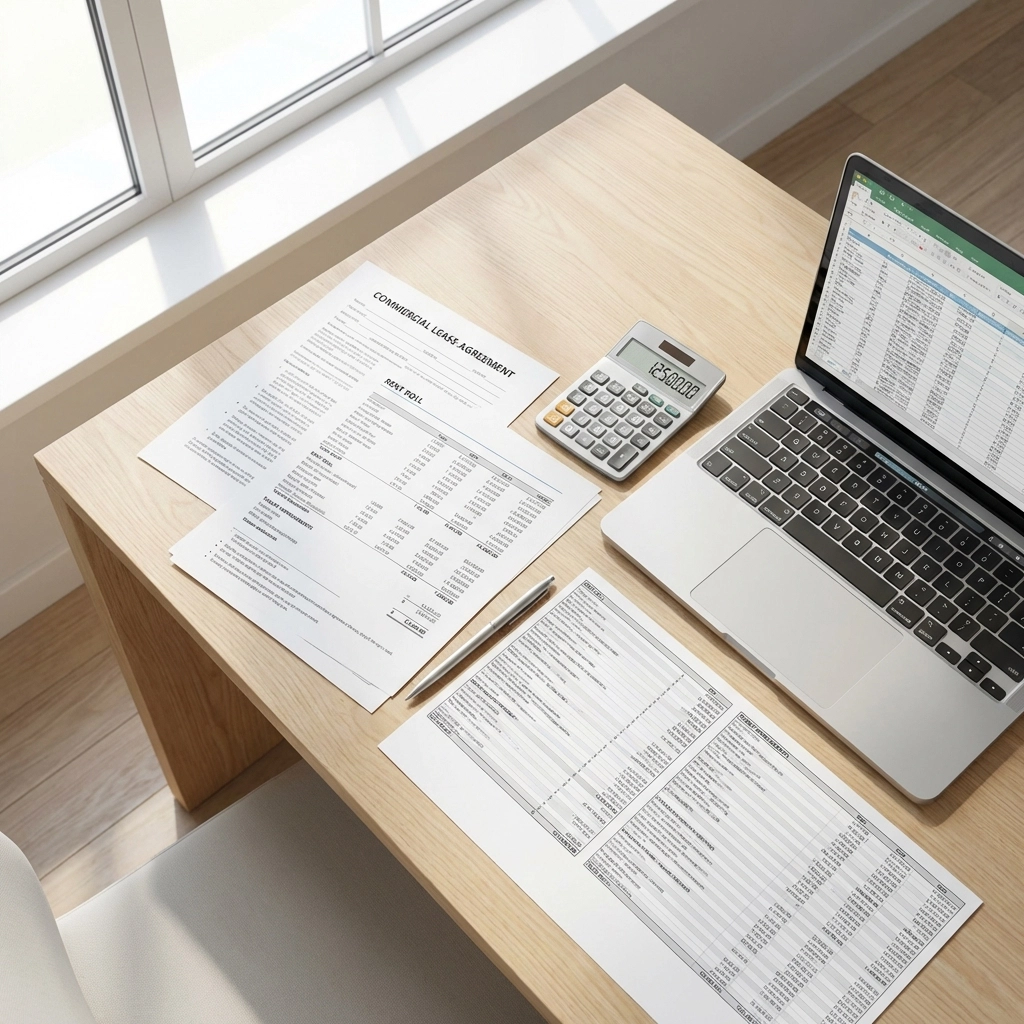 Modern office desk with commercial lease documents, calculator and laptop, representing financial planning for Adelaide commercial properties.