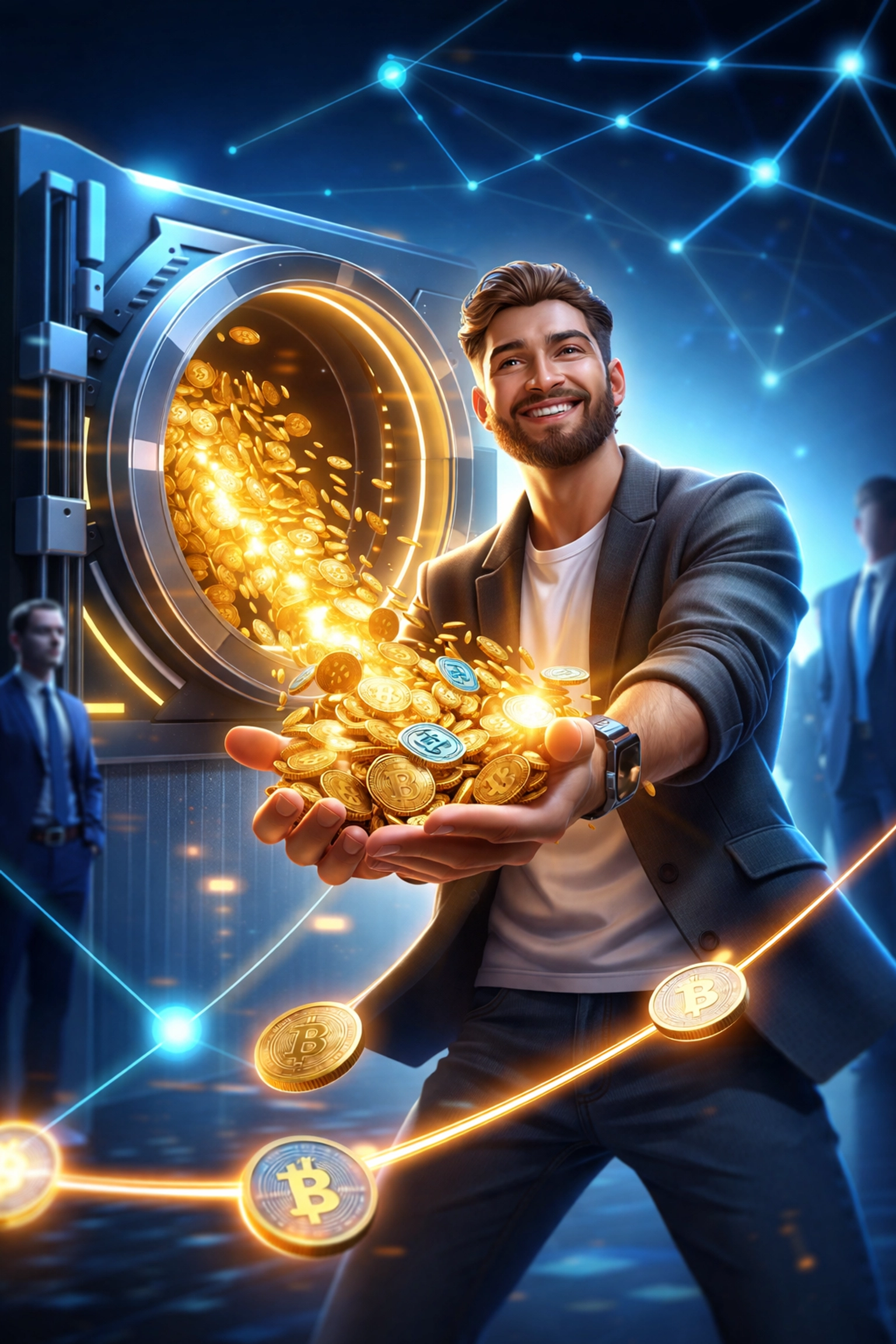 Illustration of a merchant receiving gold coins and crypto tokens directly, highlighting Larecoin’s low-fee payment processing advantage over competitors.