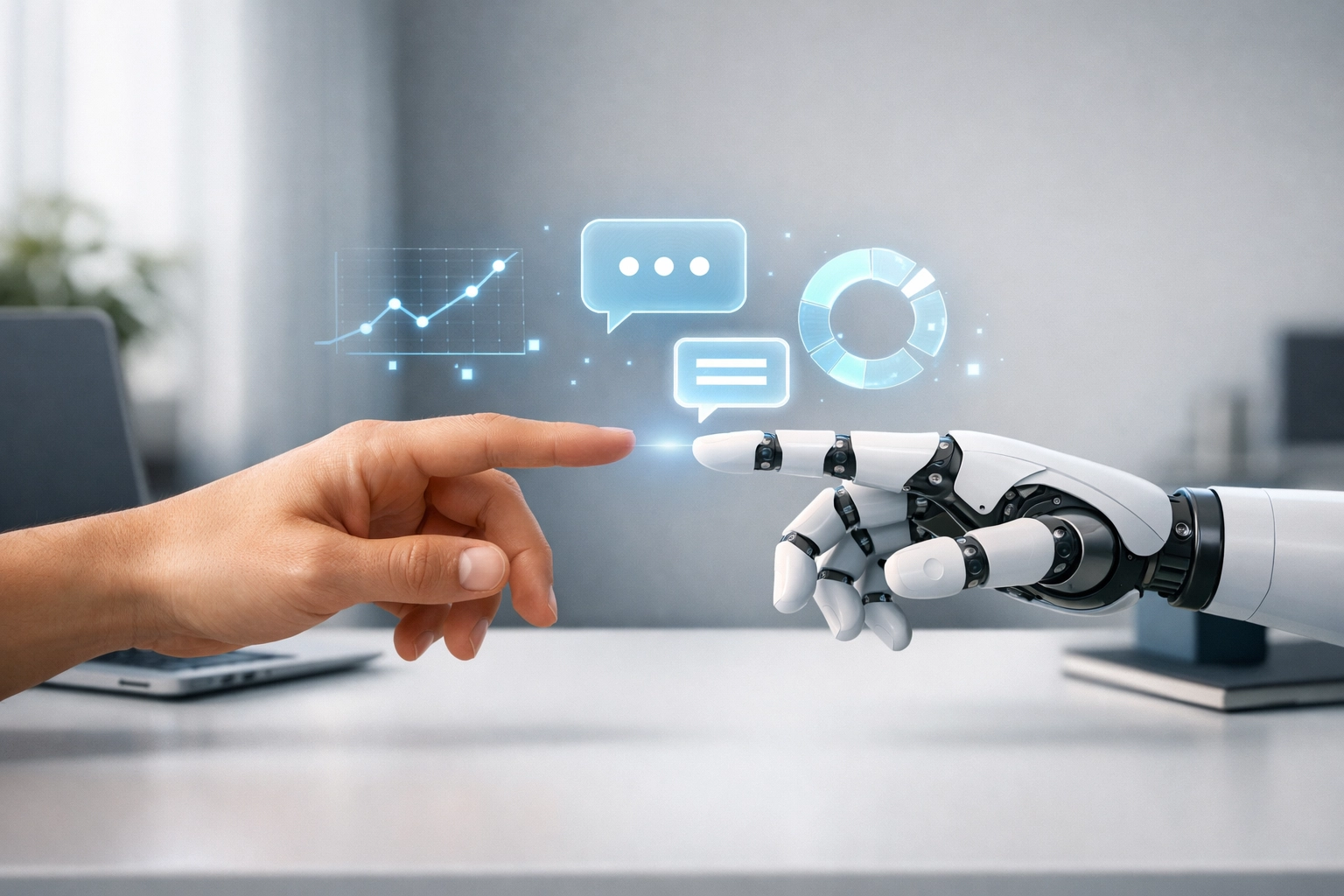 Human and AI hands collaborating across desk showing partnership in agency SEO strategy