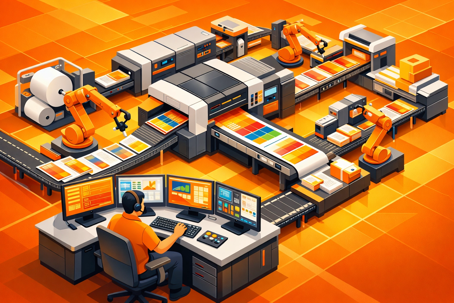 Automated hybrid printing production line with single operator managing multiple stations