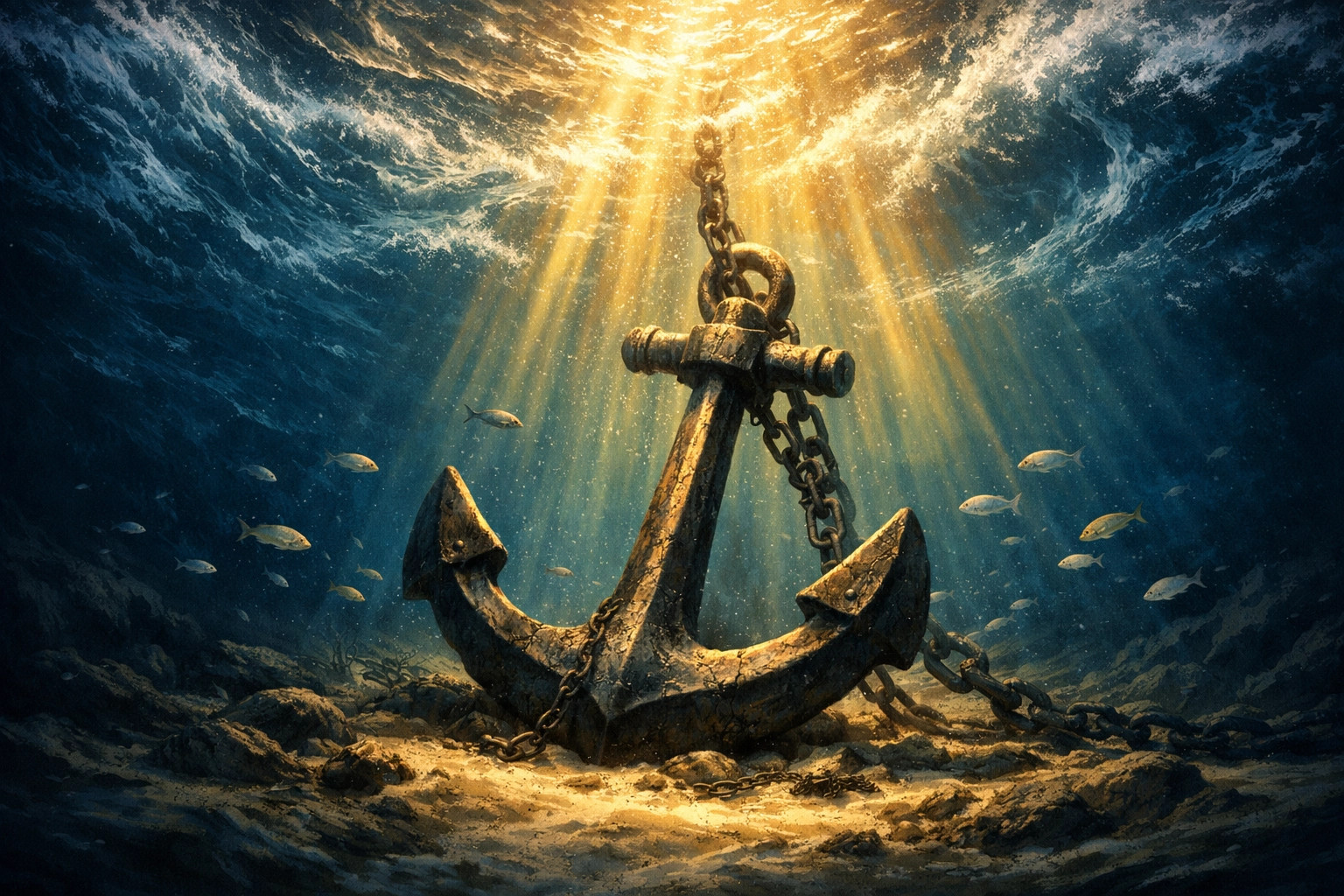 Ship's anchor resting steadily on ocean floor beneath turbulent waters above