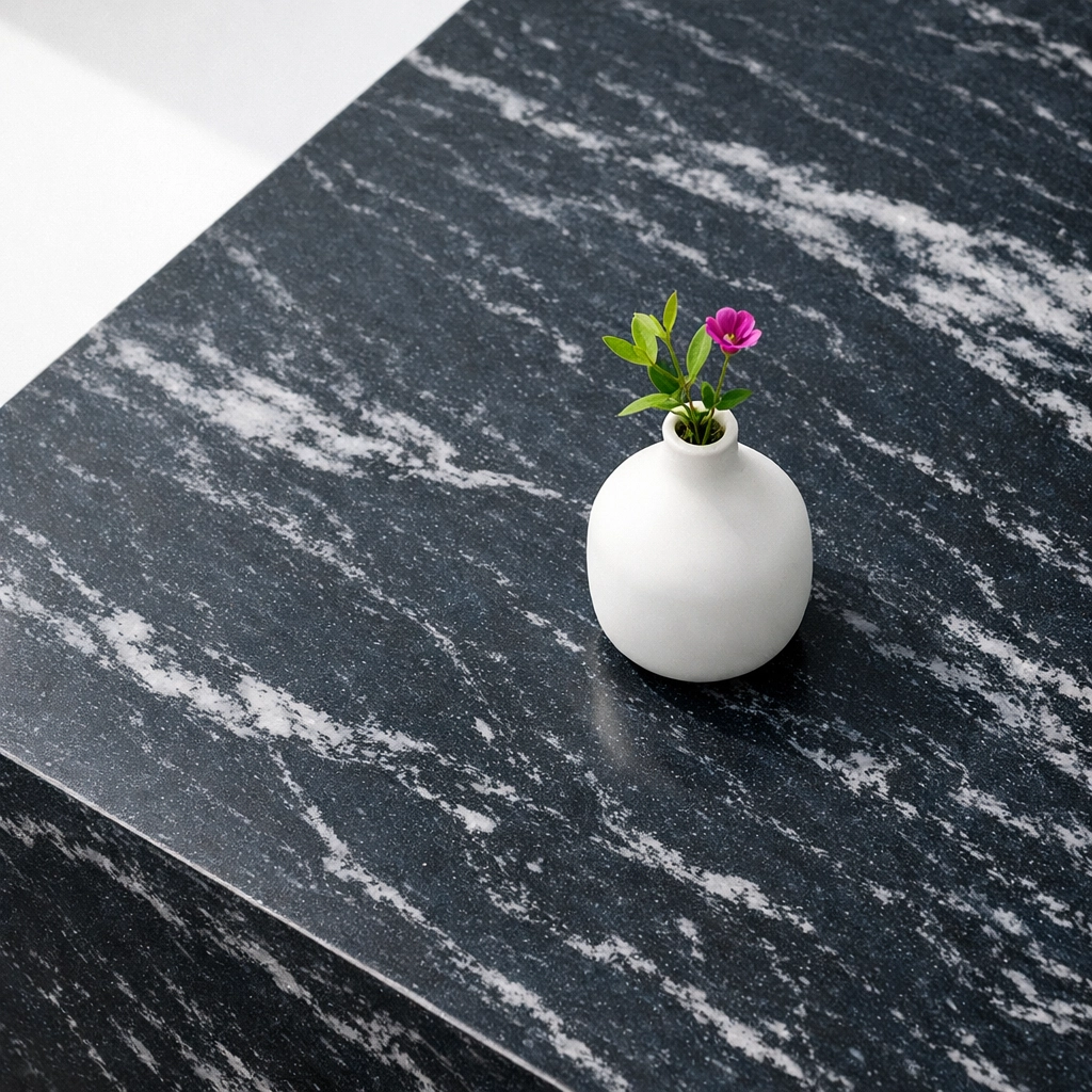 Modern navy and white marbled recycled plastic benchtop with a smooth, sustainable finish.