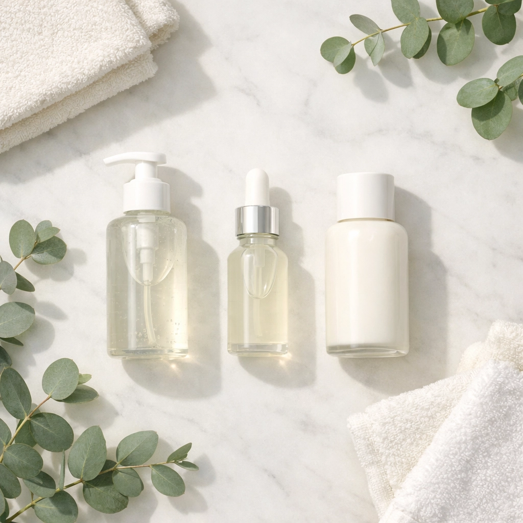 Essential 3-step skincare routine with cleanser, serum, and moisturizer on marble surface