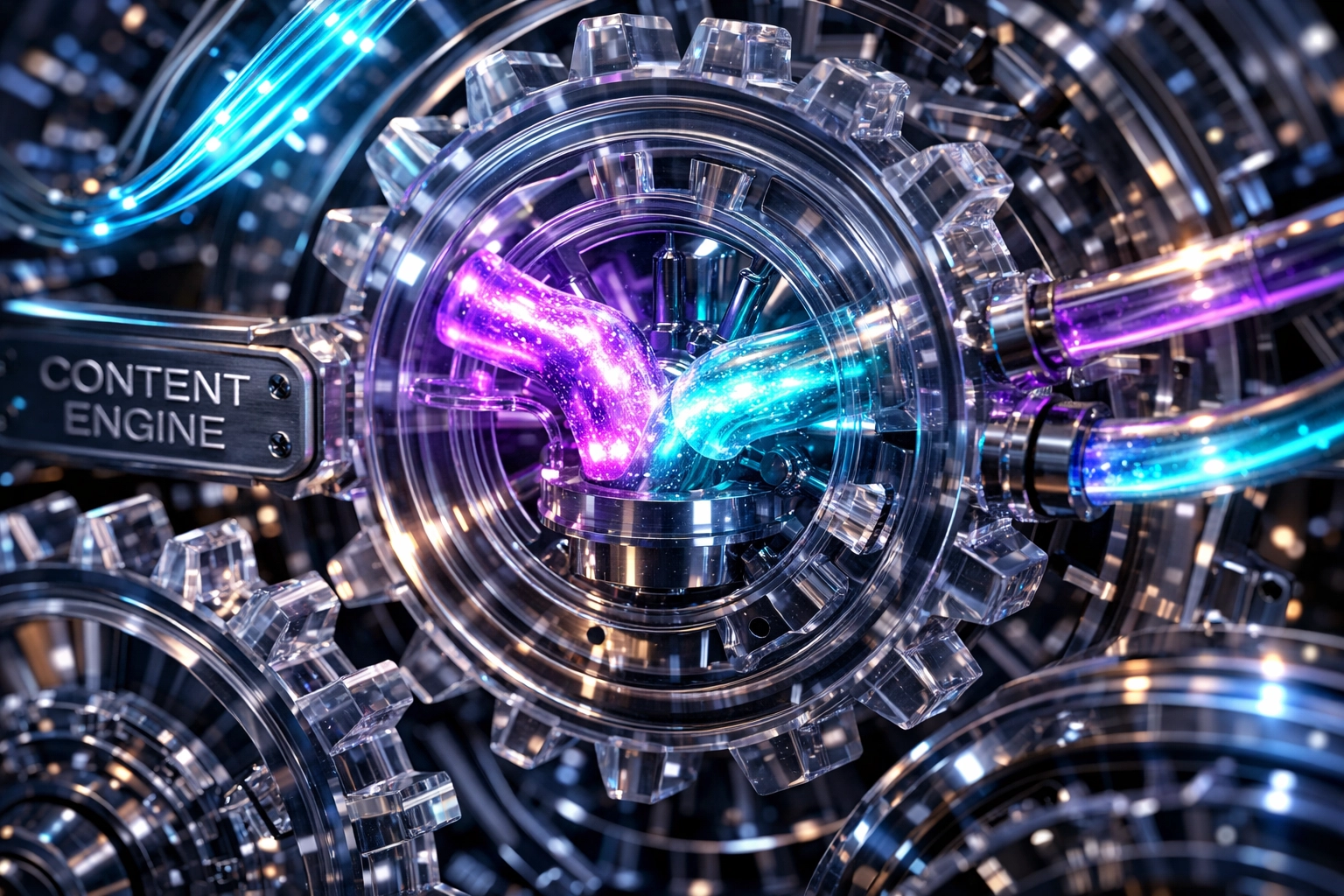 A glowing digital content engine symbolizing the silent power of automation for scaling blog posts.