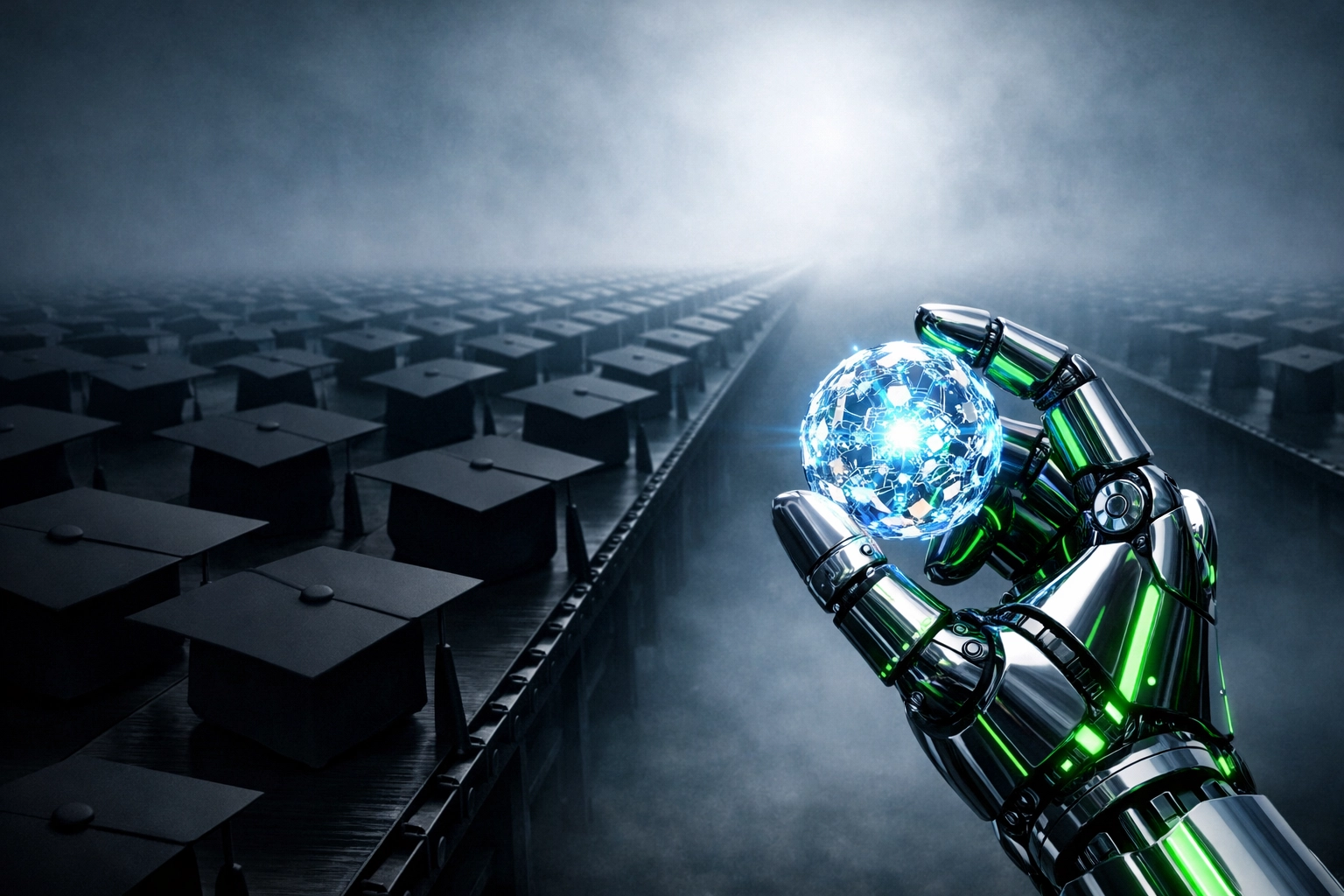 Robotic hand holding a specialized AI skill core above a mass-produced line of graduation caps.