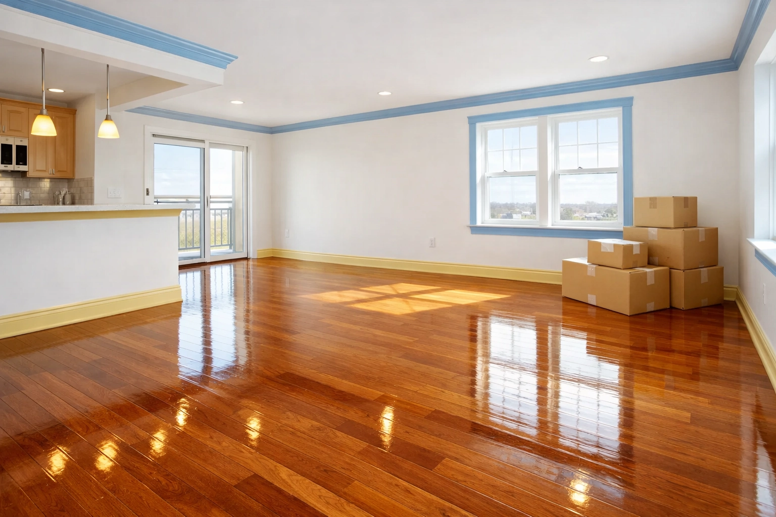 Pristine empty living room in Leominster apartment prepared by professional cleaners for move-in day.