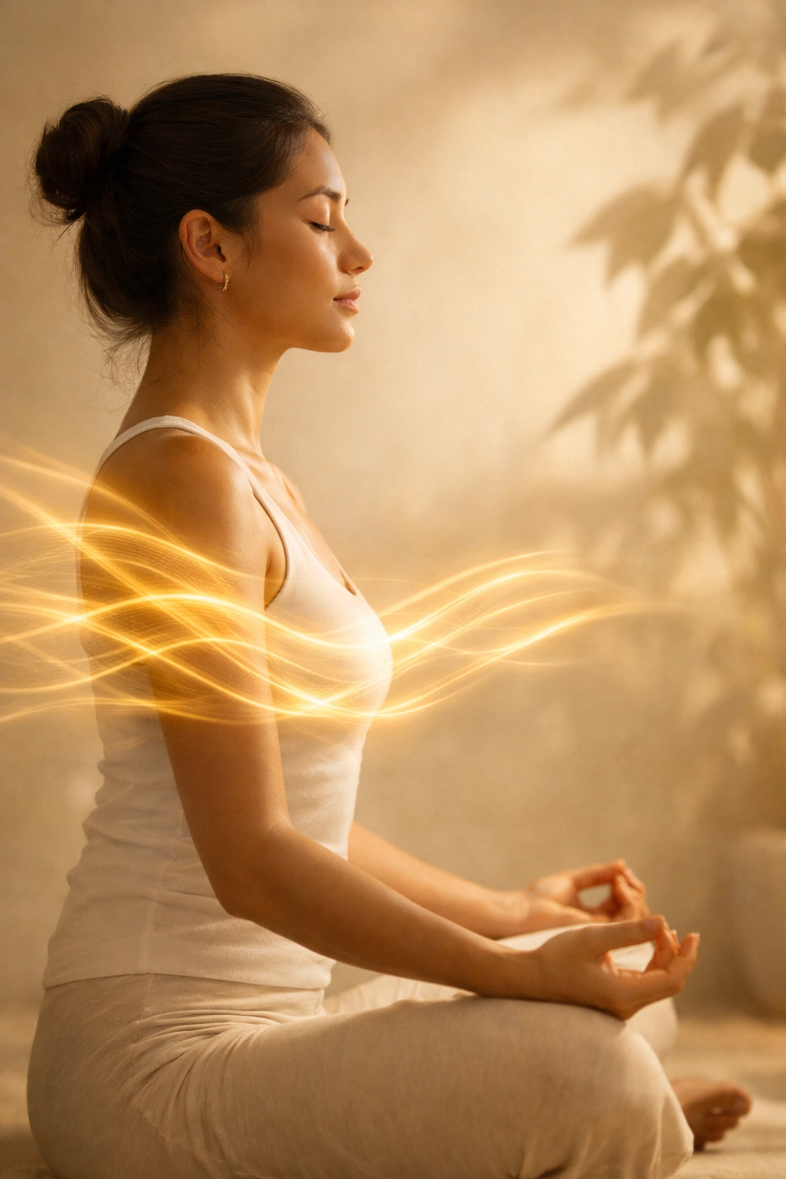 Person meditating with glowing light ripples illustrating biofield energy medicine for chronic pain relief.