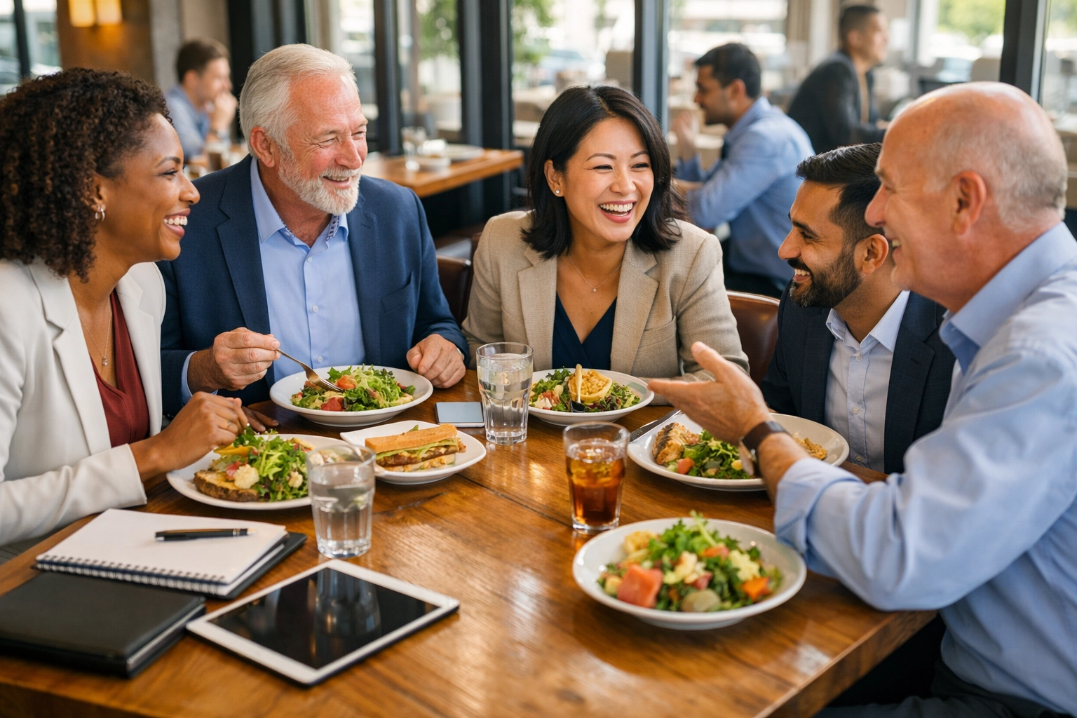 Business professionals discussing work over a deductible client lunch meeting