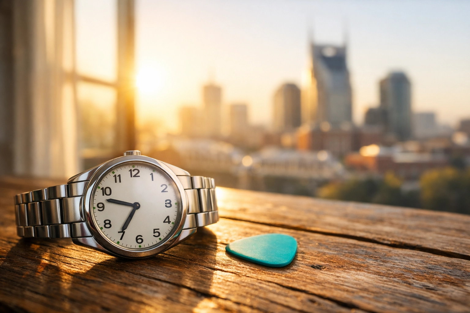 Nashville Central Time transition: a wristwatch and guitar pick in the morning sun.