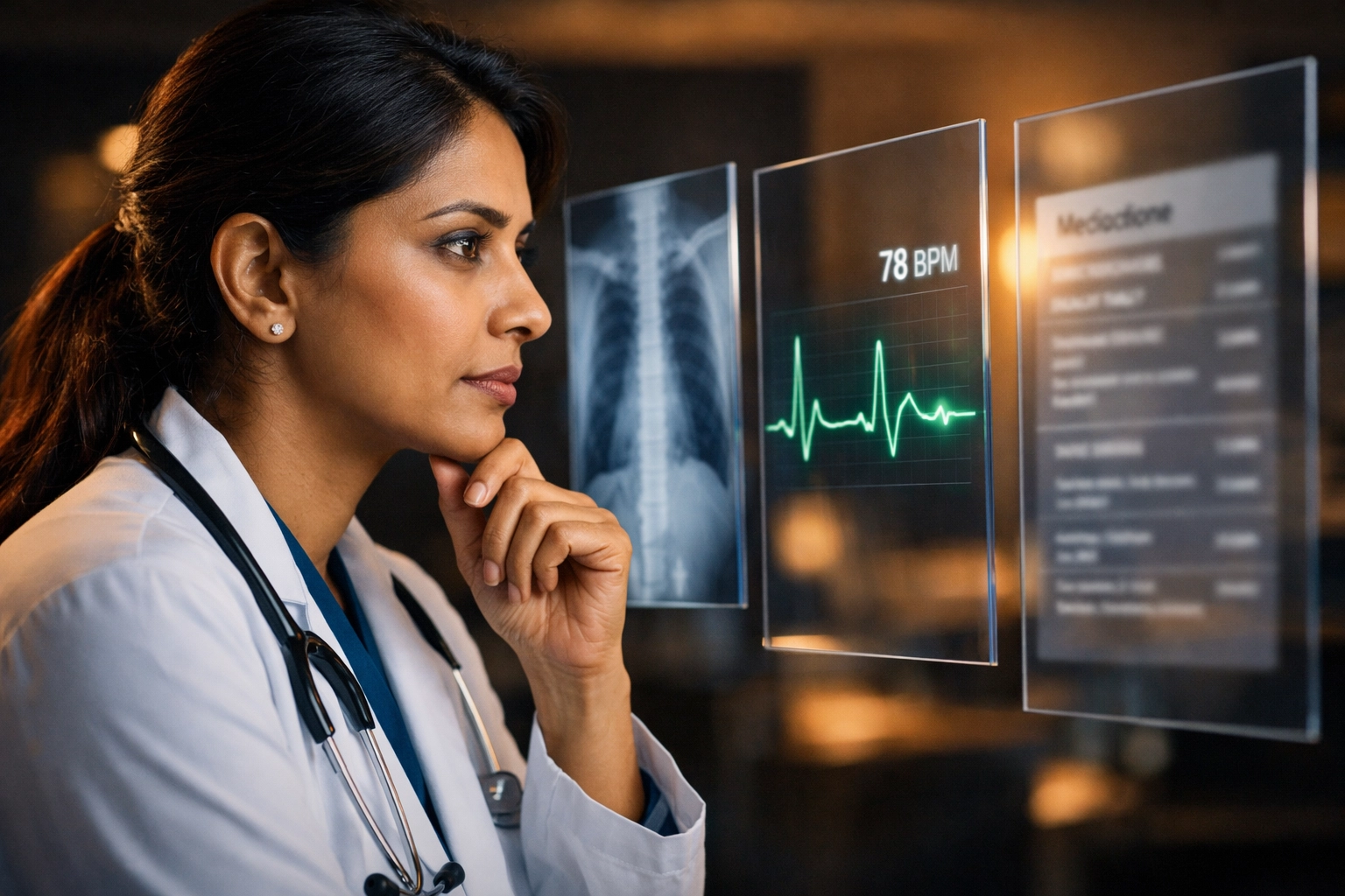 Doctor examining fragmented digital medical records, highlighting data silos and healthcare interoperability issues.