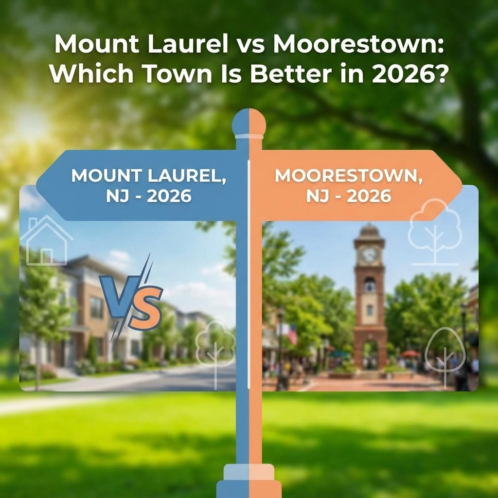 Aerial view comparing the suburban landscapes of Mount Laurel and Moorestown, South Jersey Aerial view comparing the suburban landscapes of Mount Laurel and Moorestown, South Jersey