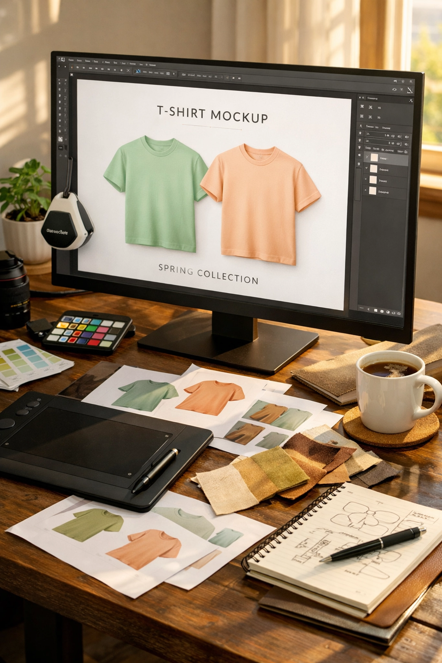 Professional designer workspace with custom t-shirt design mockup in spring colors on screen
