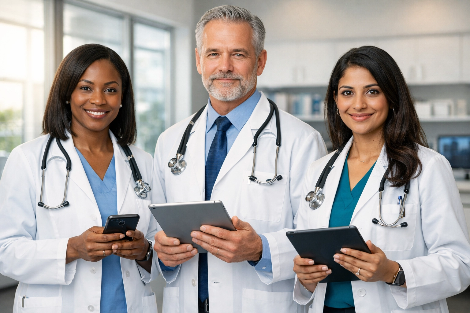 Board-certified doctors with digital devices ready for online patient consultations