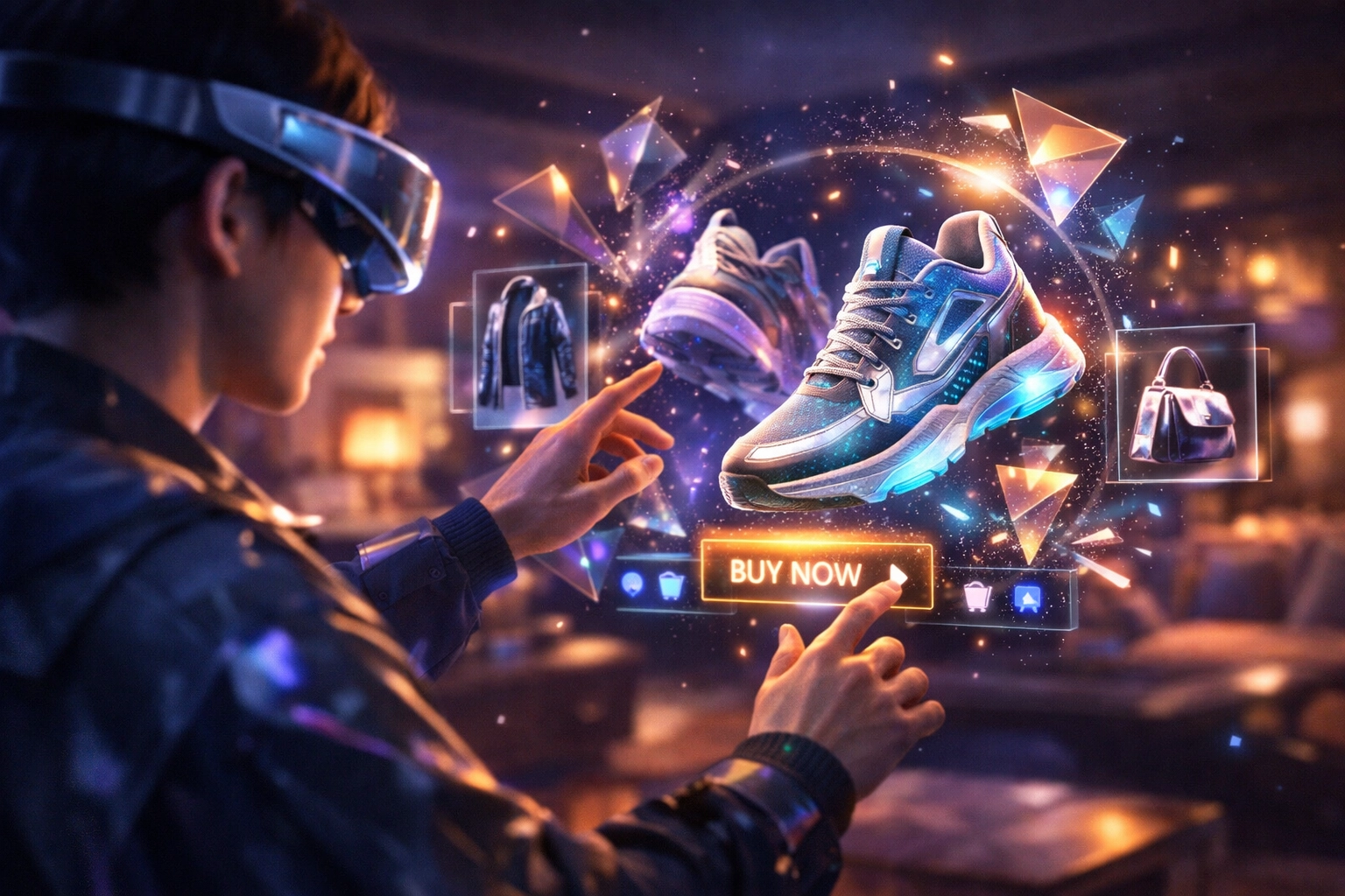 Person using AR technology to shop for digital apparel in the metaverse with AI-powered Web3 payment solutions.