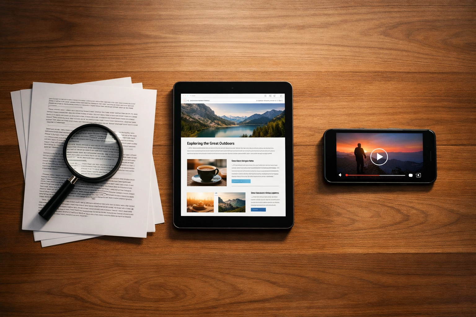 Three content formats displayed on desk: printed text, website on tablet, video on smartphone