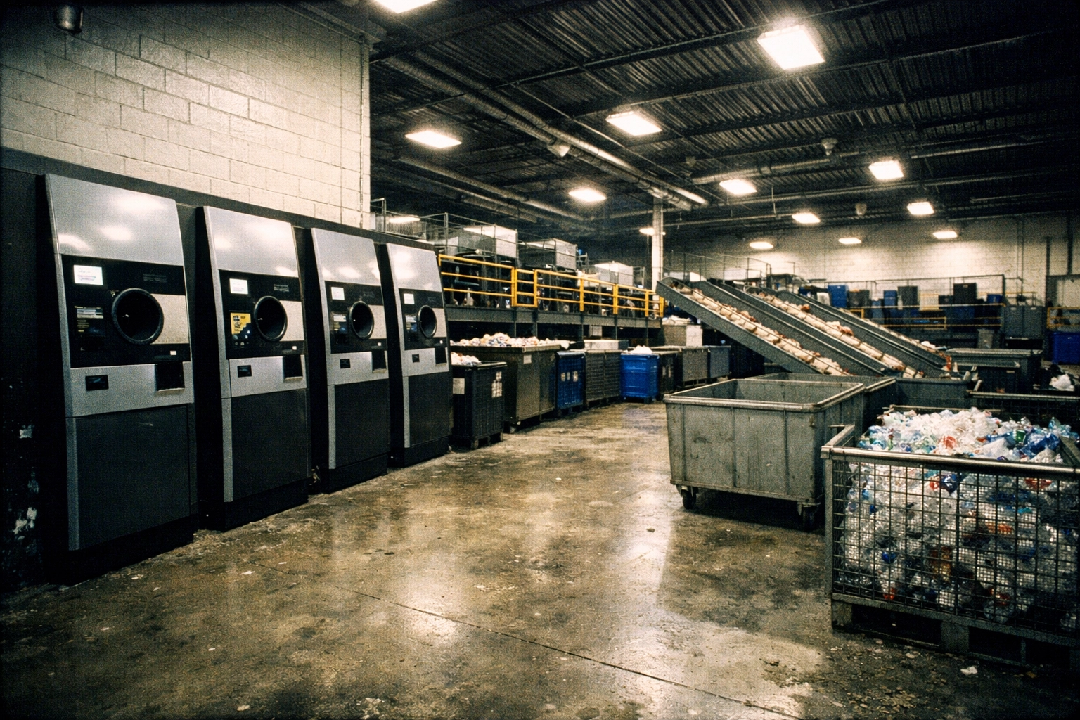 Interior of a modern CT redemption center featuring industrial sorting machines and recycling facility equipment.