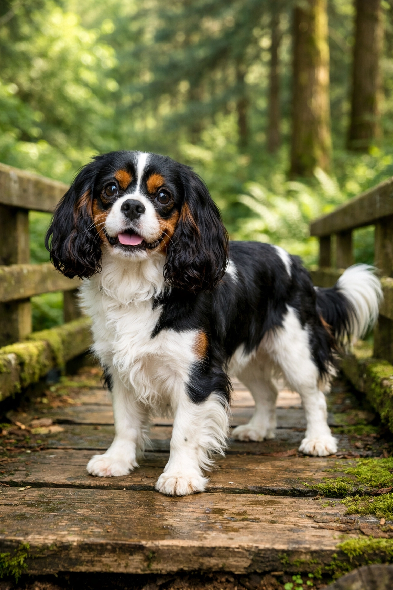 Health-tested Cavalier King Charles Spaniel standing in a scenic Portland, OR park.
