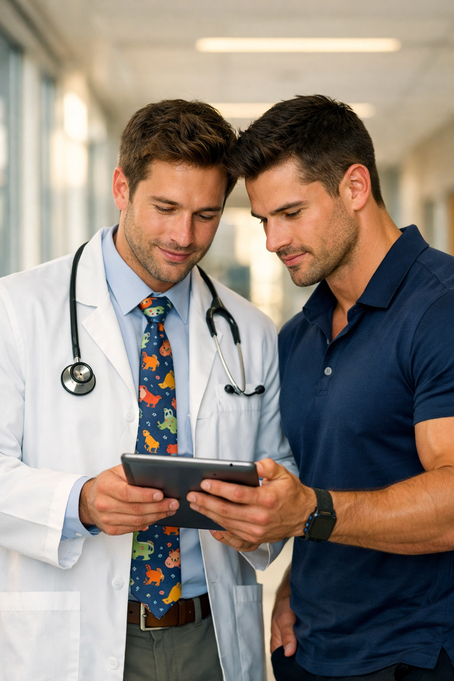 Male pediatrician and physical therapist leaning in close over a medical tablet in a slow burn MM romance book.