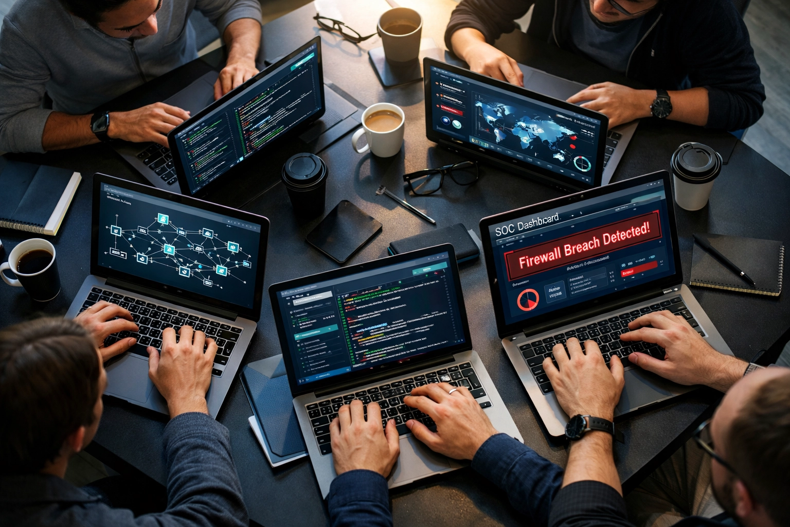 Cybersecurity training session with multiple laptops in collaborative pod workspace environment