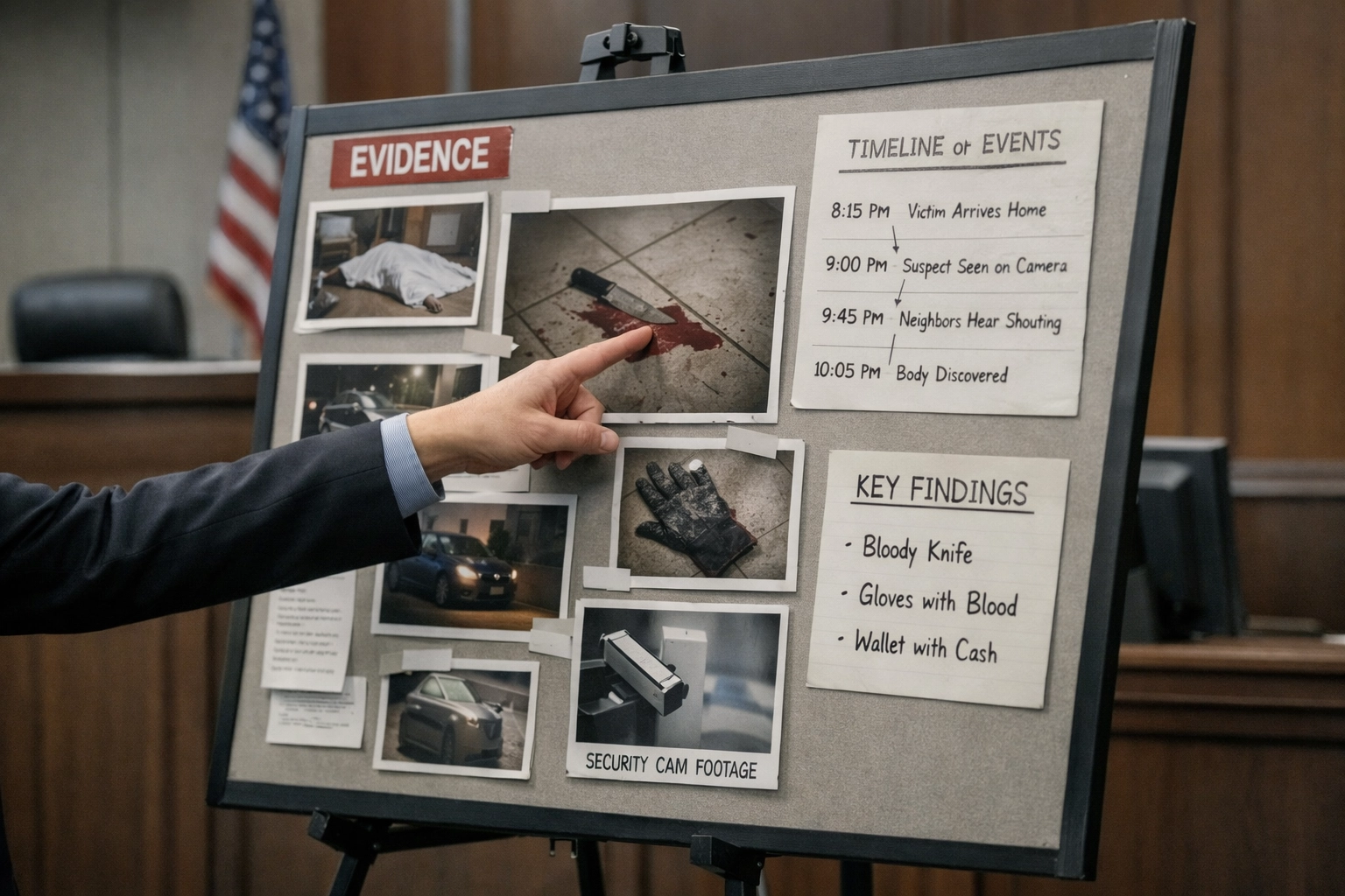 Evidence board presentation in courtroom for criminal defense case