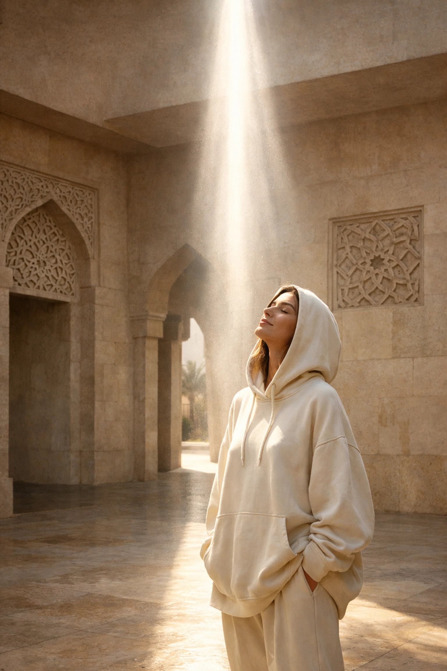 Woman wearing a cream Sunnah Designs hoodie in a courtyard, symbolizing spiritual growth and Sabr.