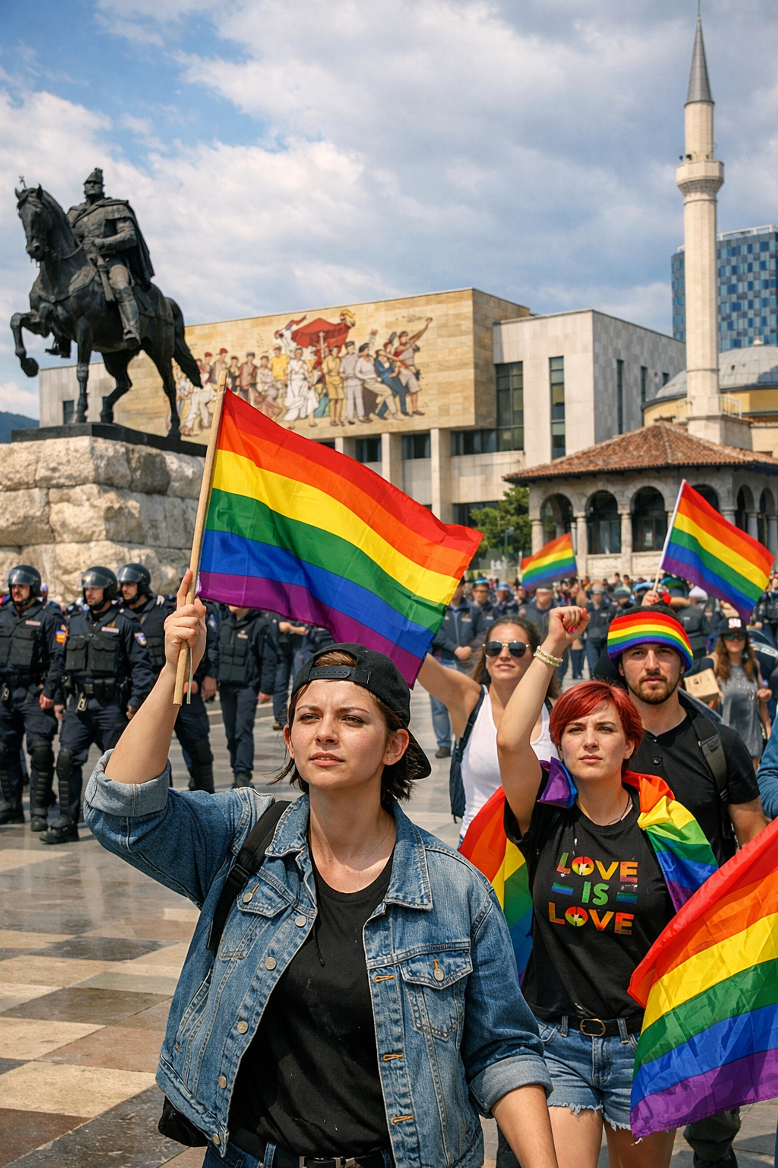 First Tirana Pride march with rainbow flags in Skanderbeg Square, Albania