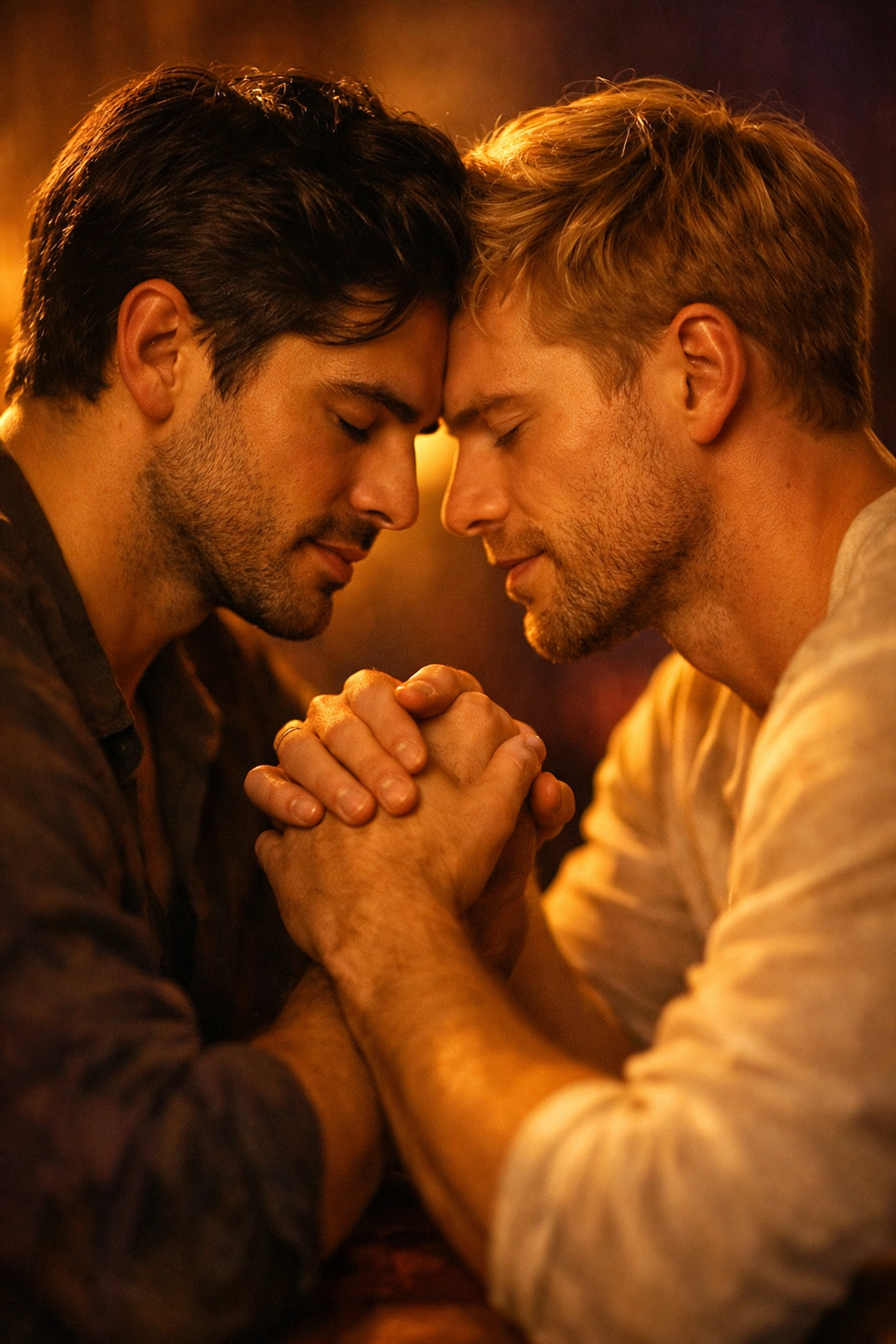 Two men in intimate embrace exploring conscious pleasure and emotional connection