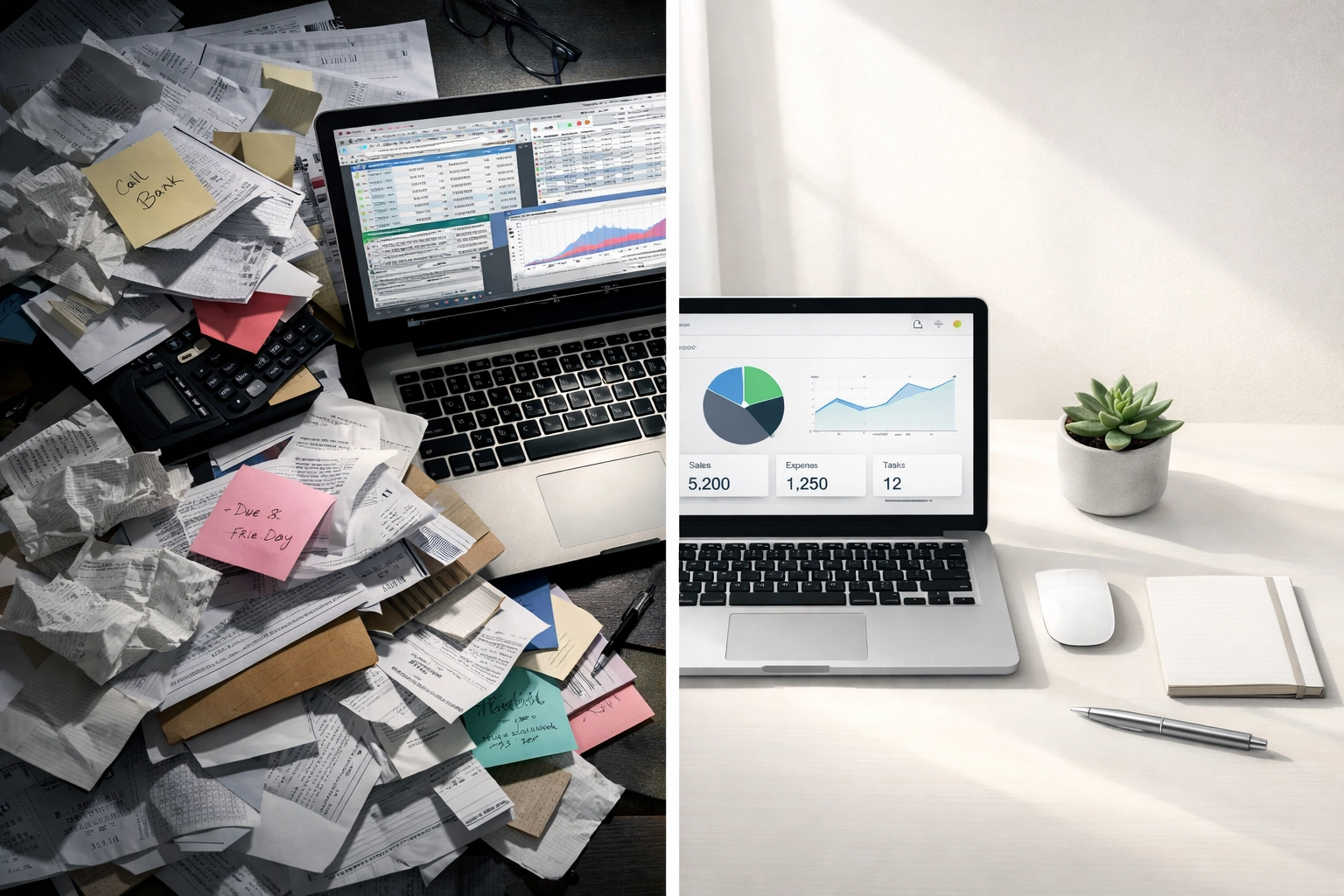 Cluttered DIY desk versus organized outsourced workspace for startup back office operations