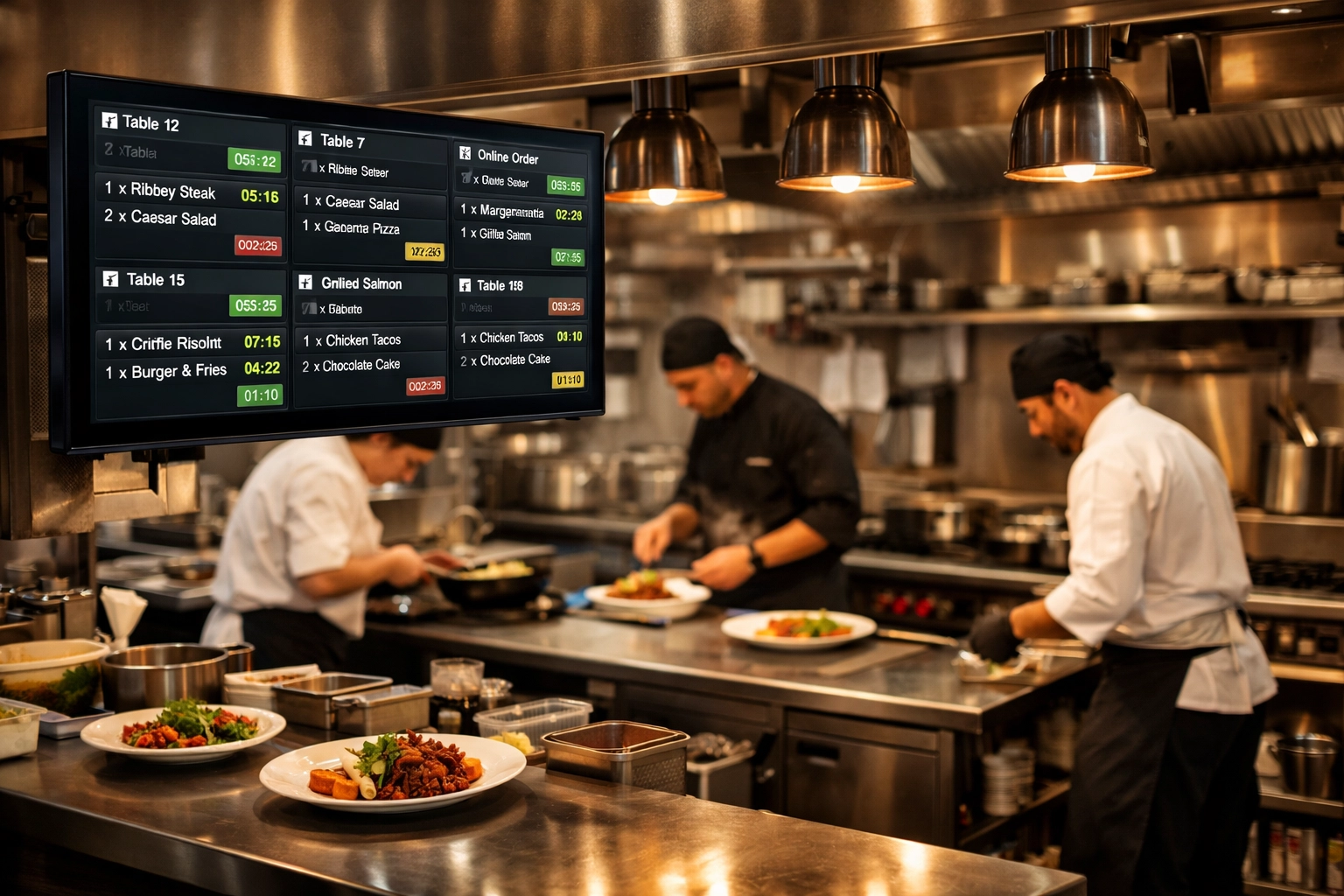Restaurant kitchen with modern POS display screen showing orders