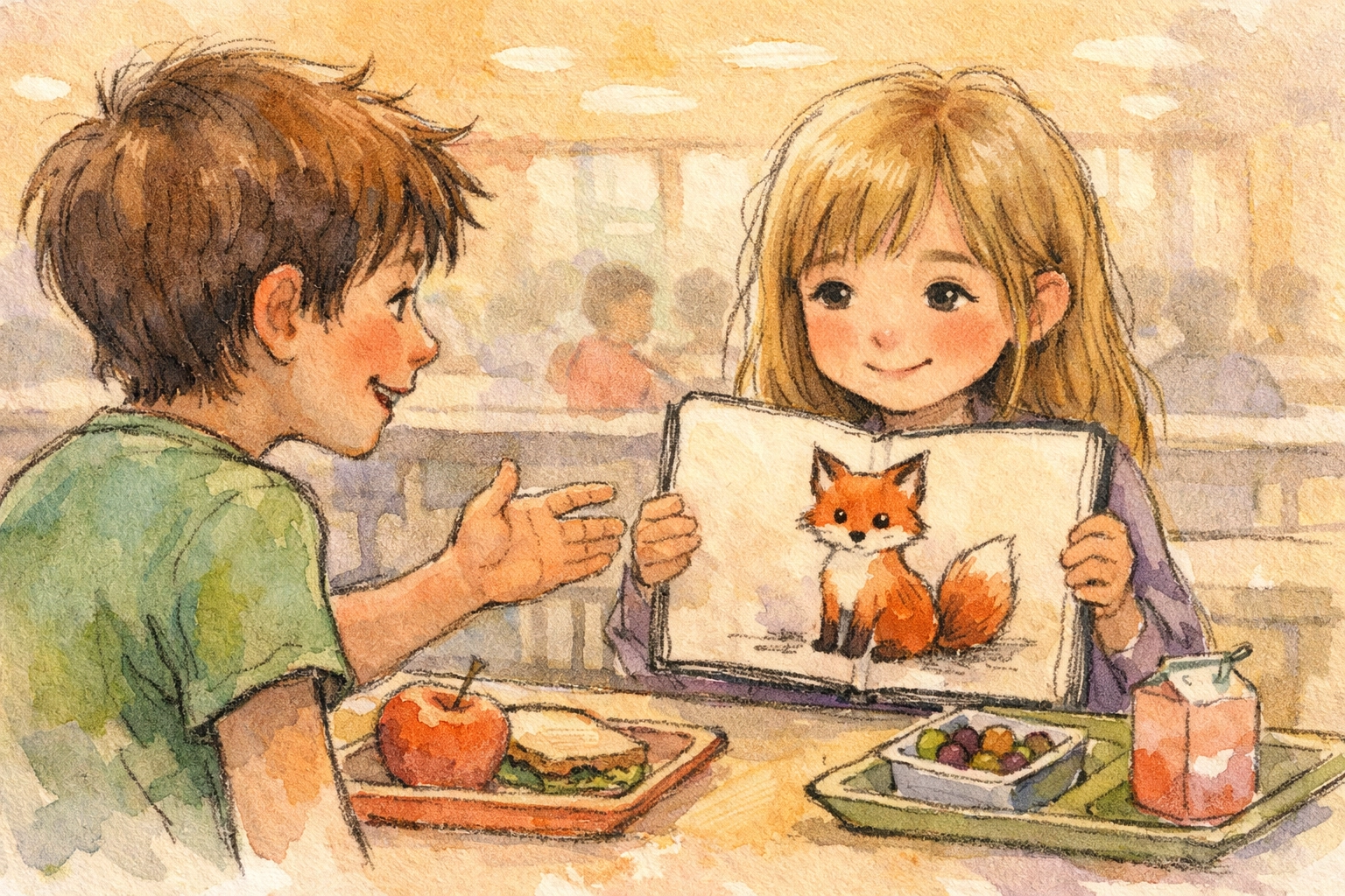 Leo and Emma sharing drawings at lunch table as friendship begins to bloom