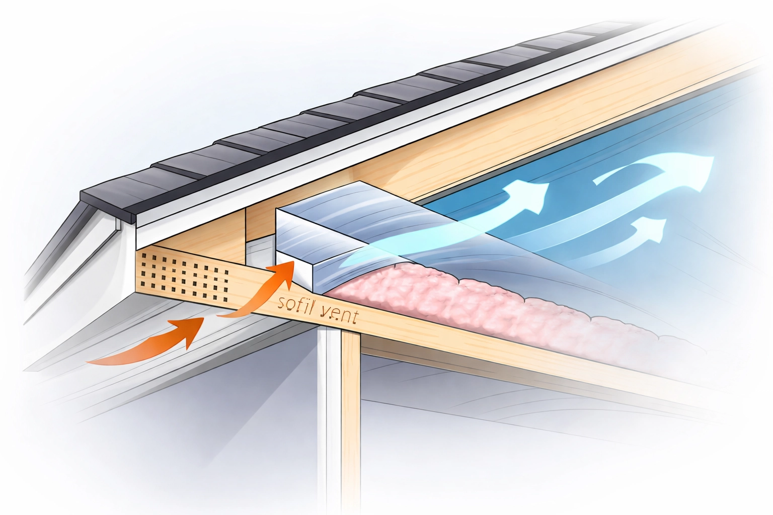Eaves cross-section illustrating proper loft ventilation and airflow to prevent condensation and damp.