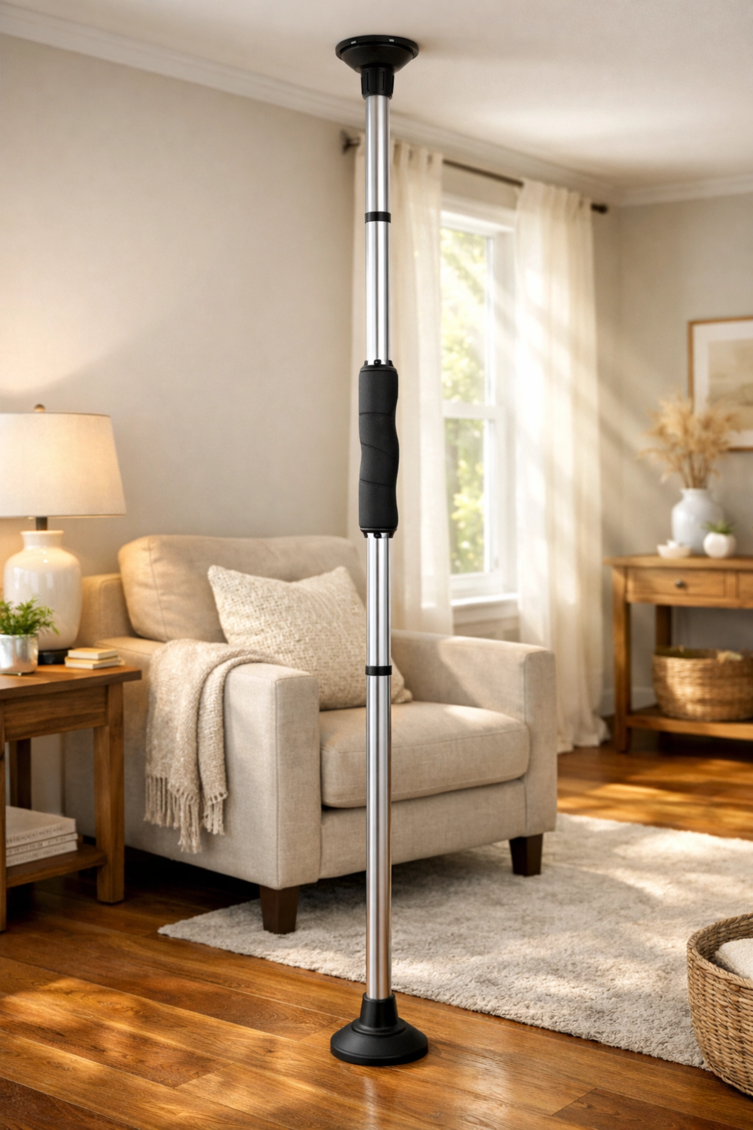 Sturdy floor-to-ceiling safety tension pole installed in a bright living room for stable home fall prevention.