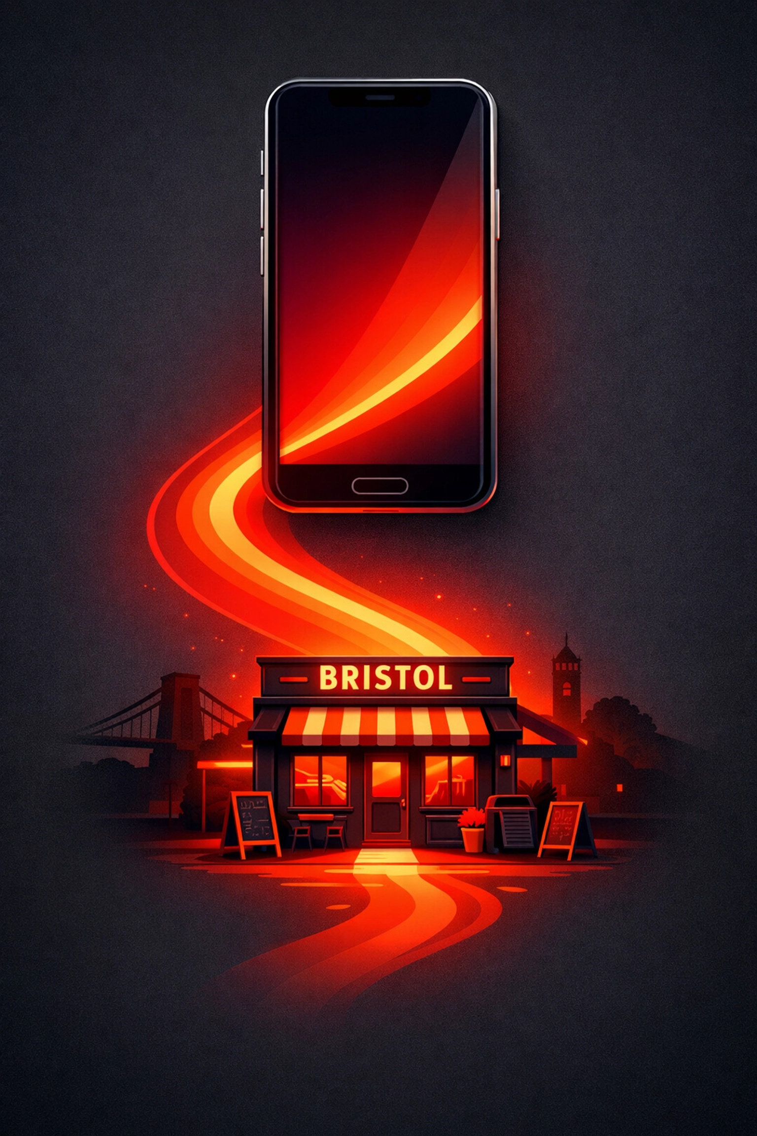 Illustration of a mobile phone recommending a local Bristol storefront through AI search results.
