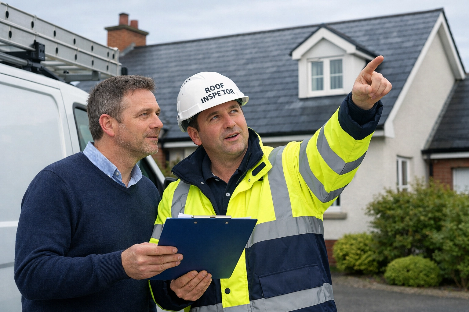 Roof inspector reviewing pre-purchase survey documents with homeowner in Northern Ireland