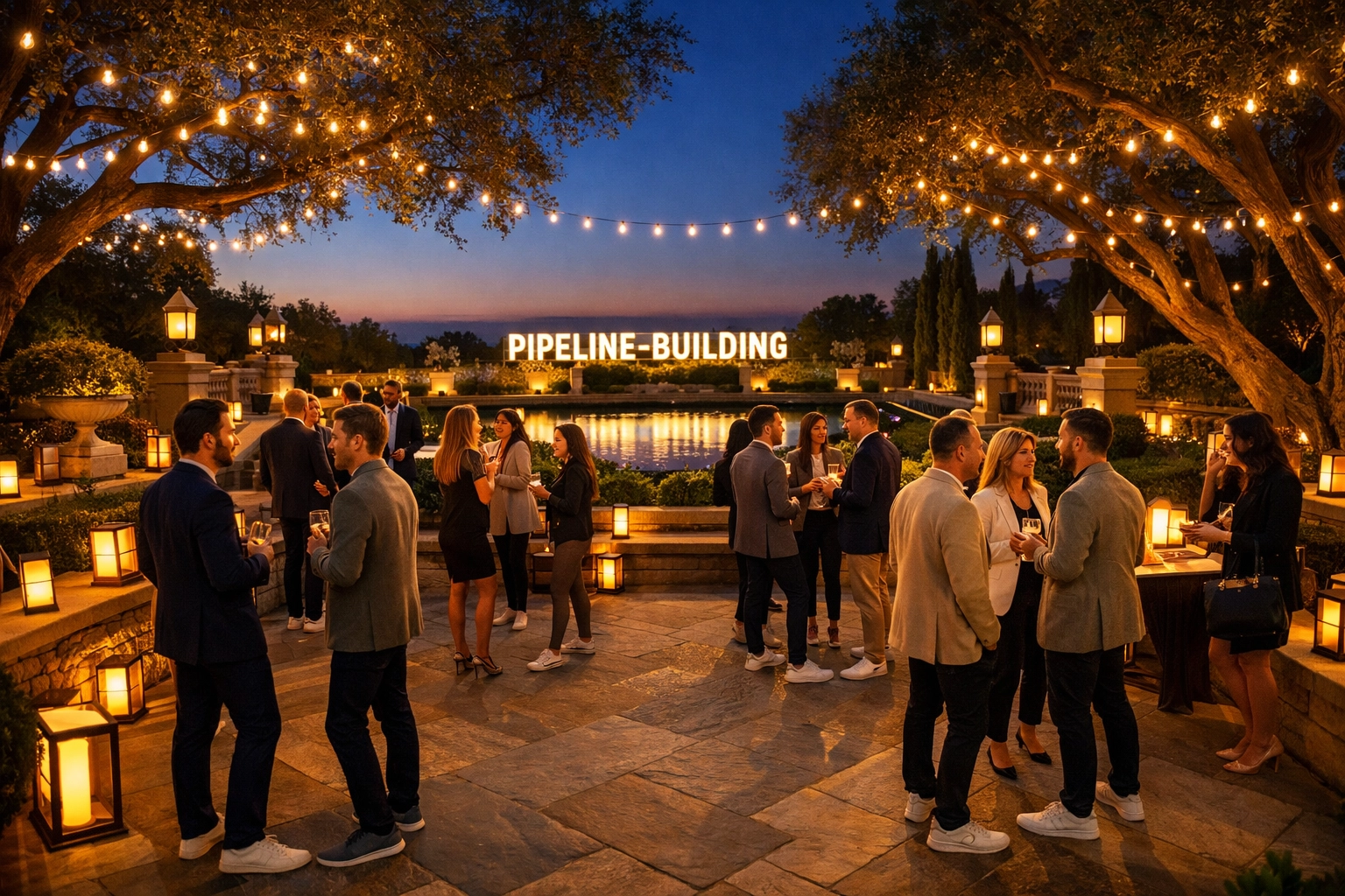 Modern donor pipeline-building event in a garden at dusk, designed for high-engagement networking and philanthropy.