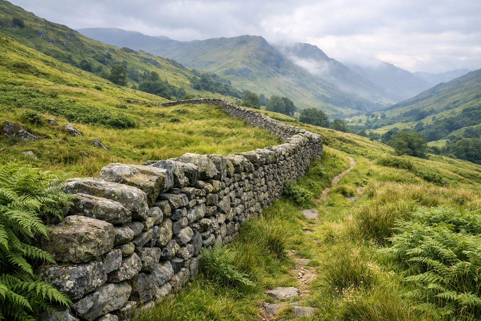 A dry stone wall serving as a navigation handrail for a camping adventure UK in the Lake District.