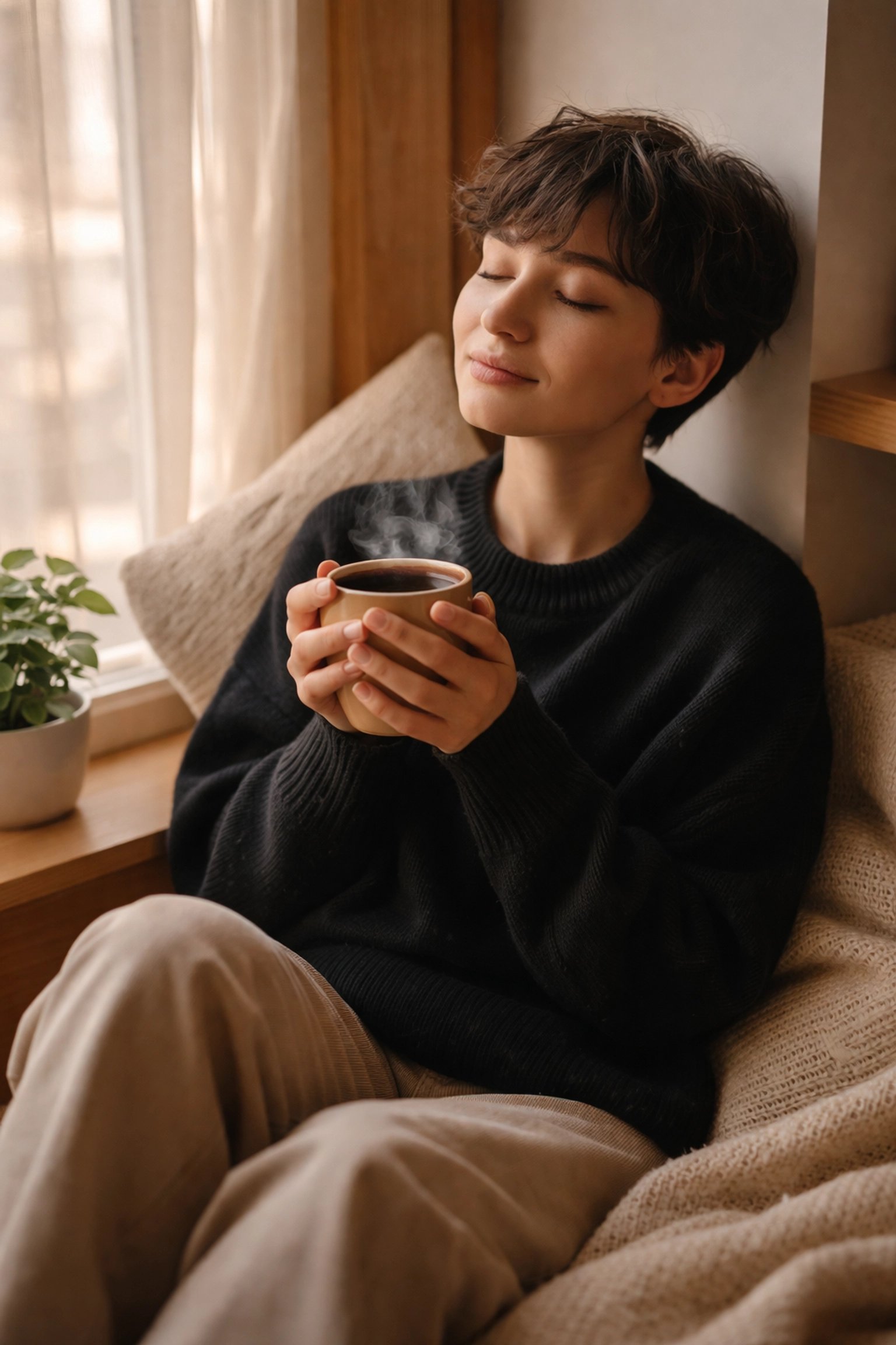Person enjoying a peaceful coffee break in a cozy nook, embodying a relaxing self-care ritual.